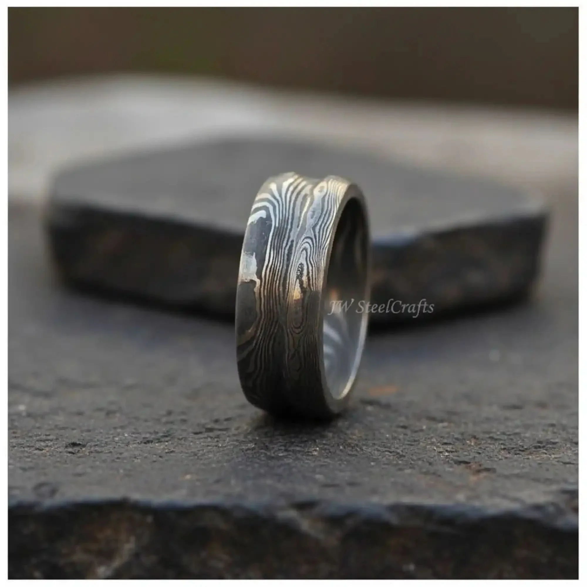 Handmade Damascus Steel Ring | Unisex Wedding Band Available in All Sizes by JW SteelCrafts, handmade jewelry detail photo 2