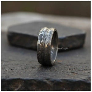 Handmade Damascus Steel Ring | Unisex Wedding Band Available in All Sizes by JW SteelCrafts, handmade jewelry detail photo 2