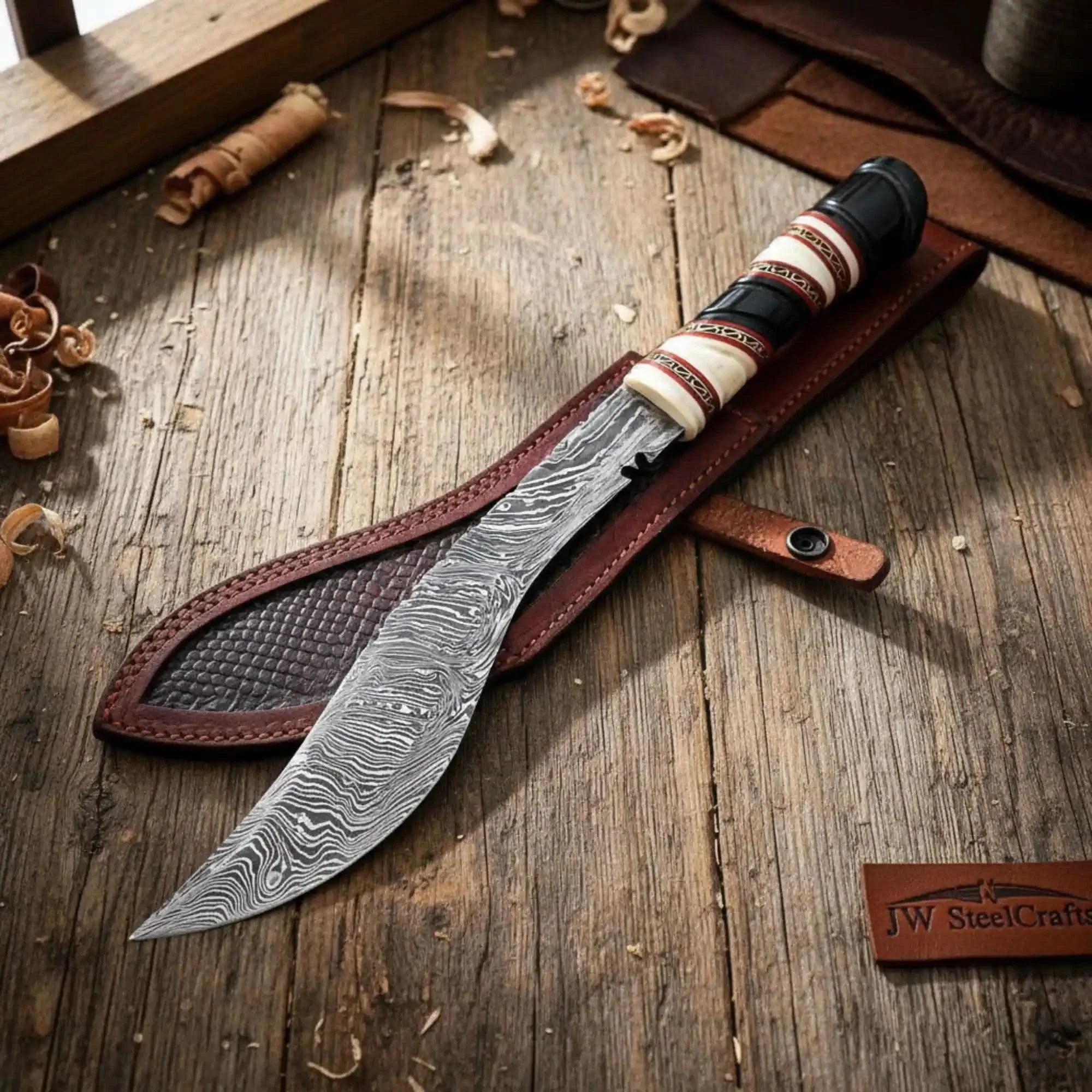 Custom Ghurkha Kukri Knife Curved Blade Damascus Steel Outdoor Chopping Tool by JW SteelCrafts, Damascus knife main product photo