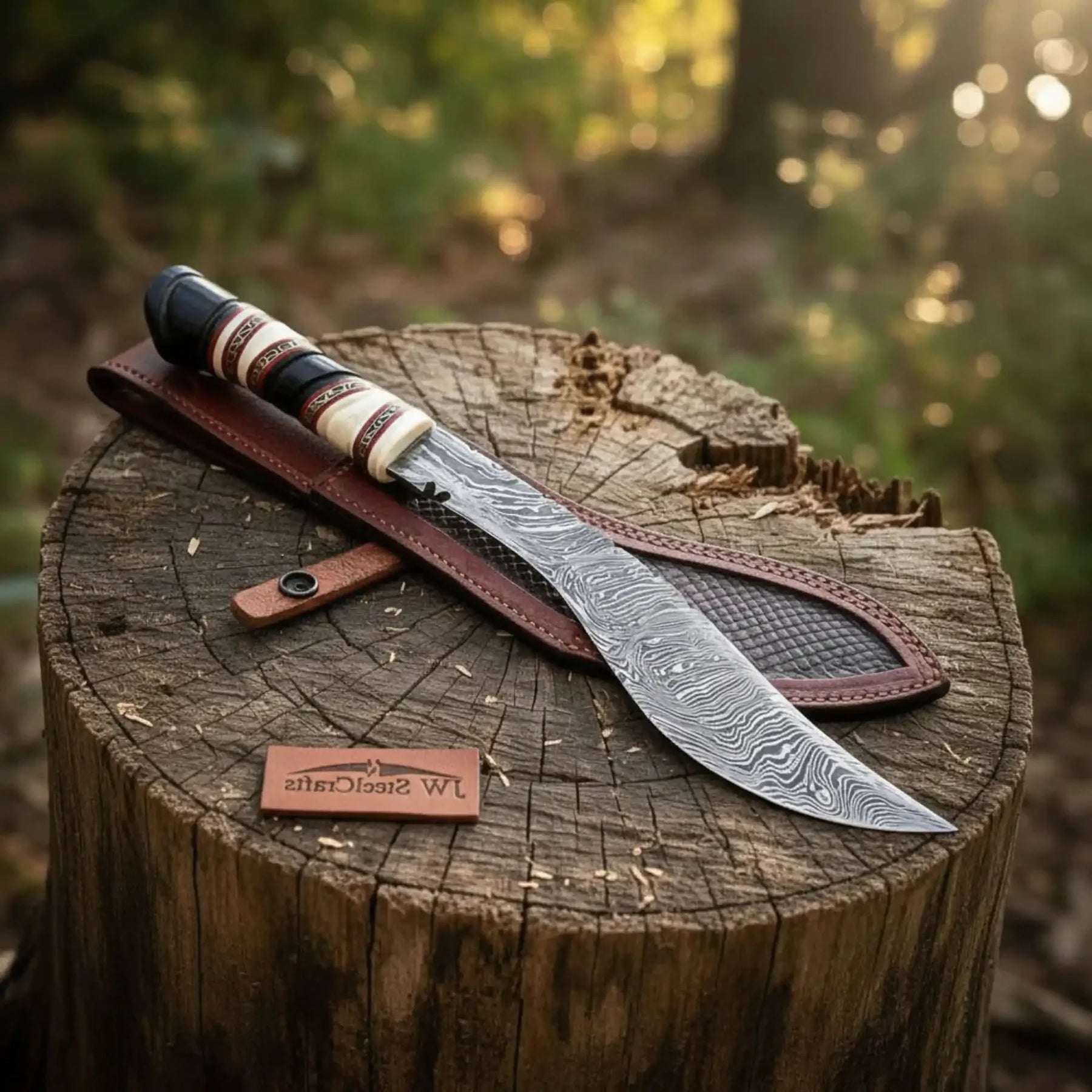 Custom Ghurkha Kukri Knife Curved Blade Damascus Steel Outdoor Chopping Tool by JW SteelCrafts, Damascus knife detail photo 3