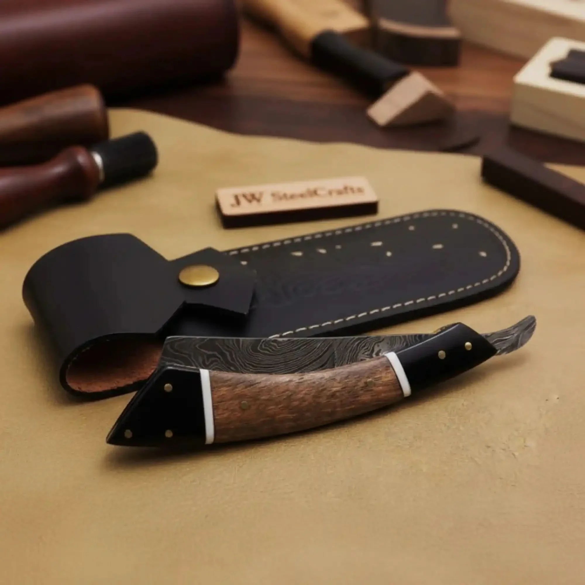 Handmade Damascus Folding Straight Razor with Rose Wood & Black Resin Handle by JW SteelCrafts, Southern handmade gift detail photo 2