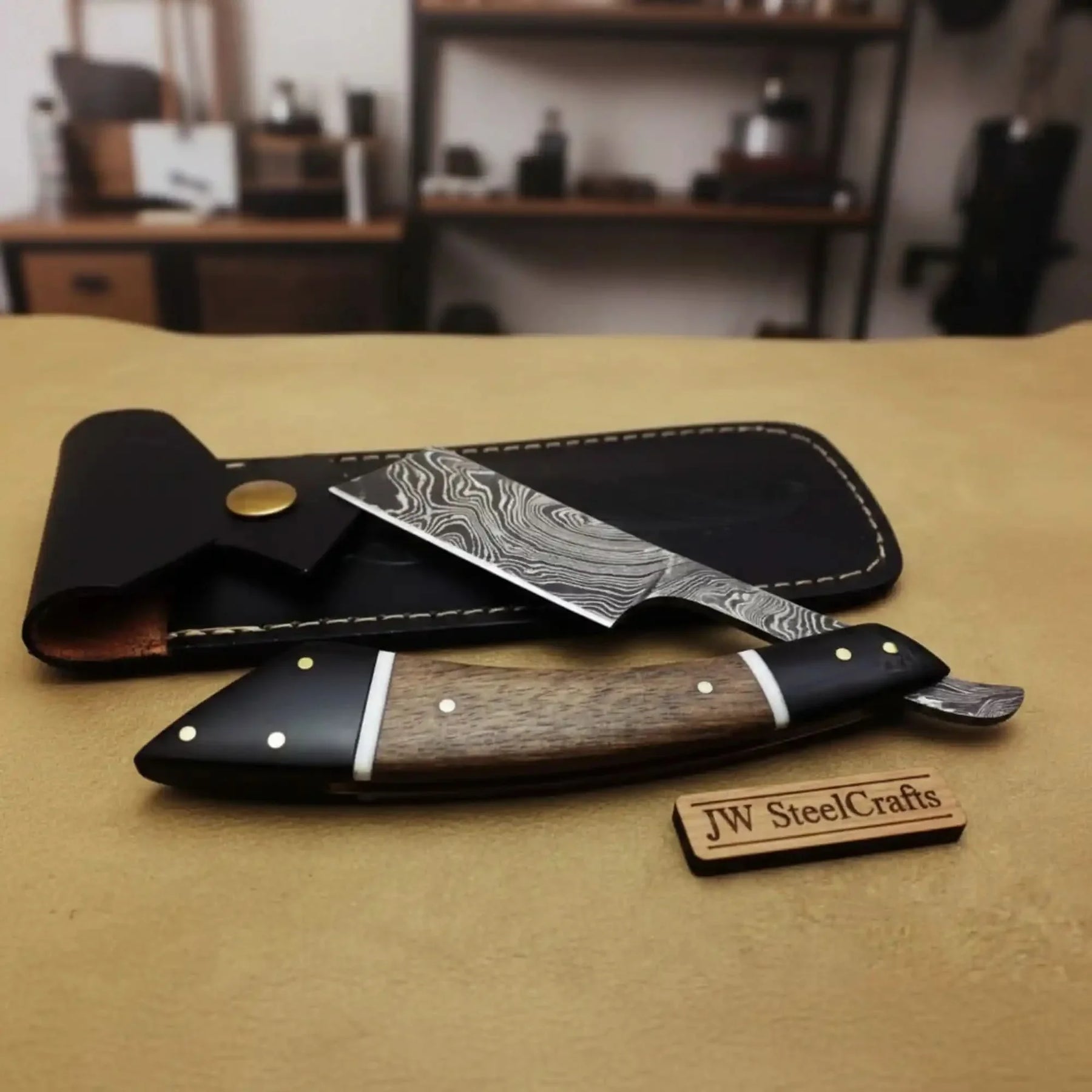 Handmade Damascus Folding Straight Razor with Rose Wood & Black Resin Handle by JW SteelCrafts, Southern handmade gift detail photo 3
