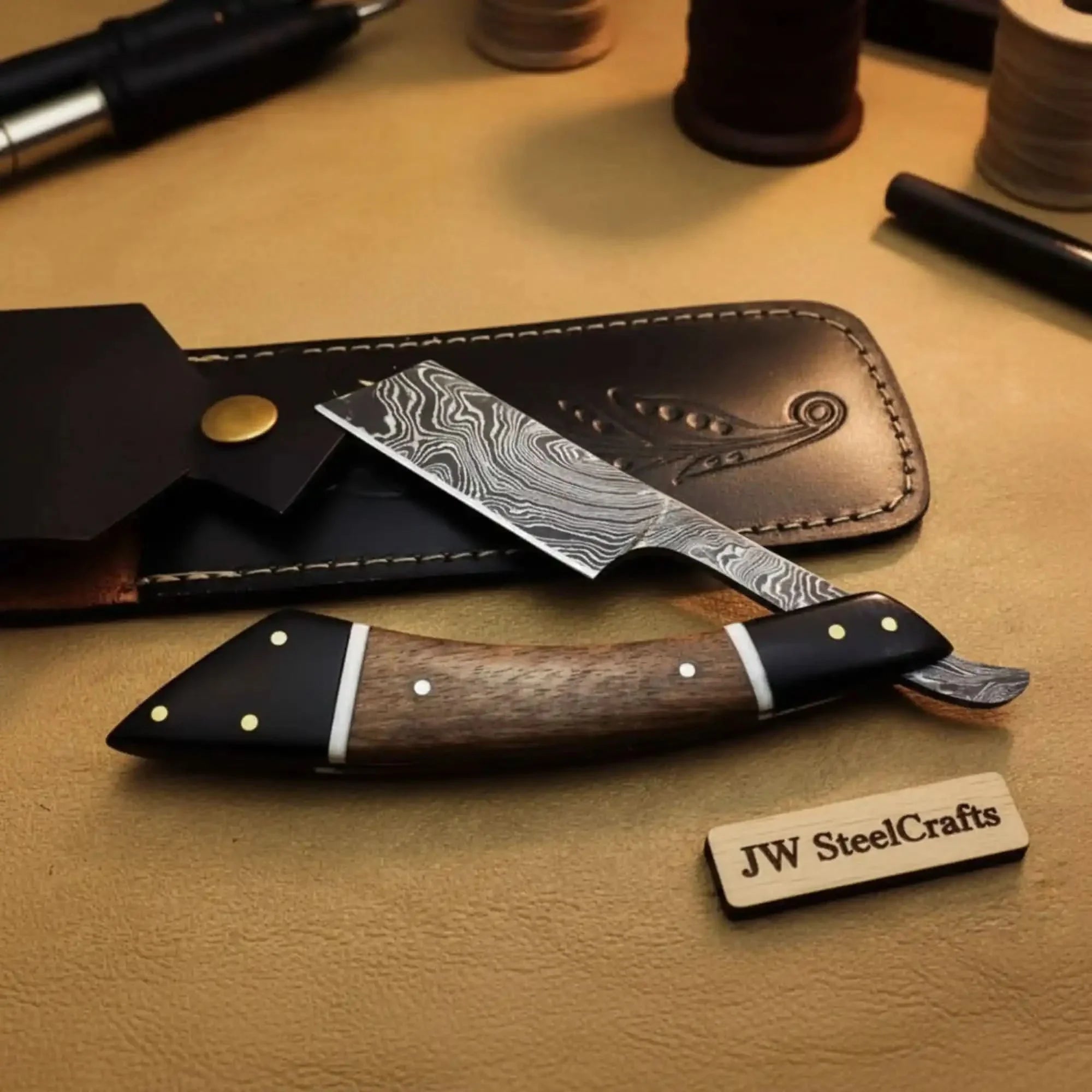 Handmade Damascus Folding Straight Razor with Rose Wood & Black Resin Handle by JW SteelCrafts, Southern handmade gift main product photo