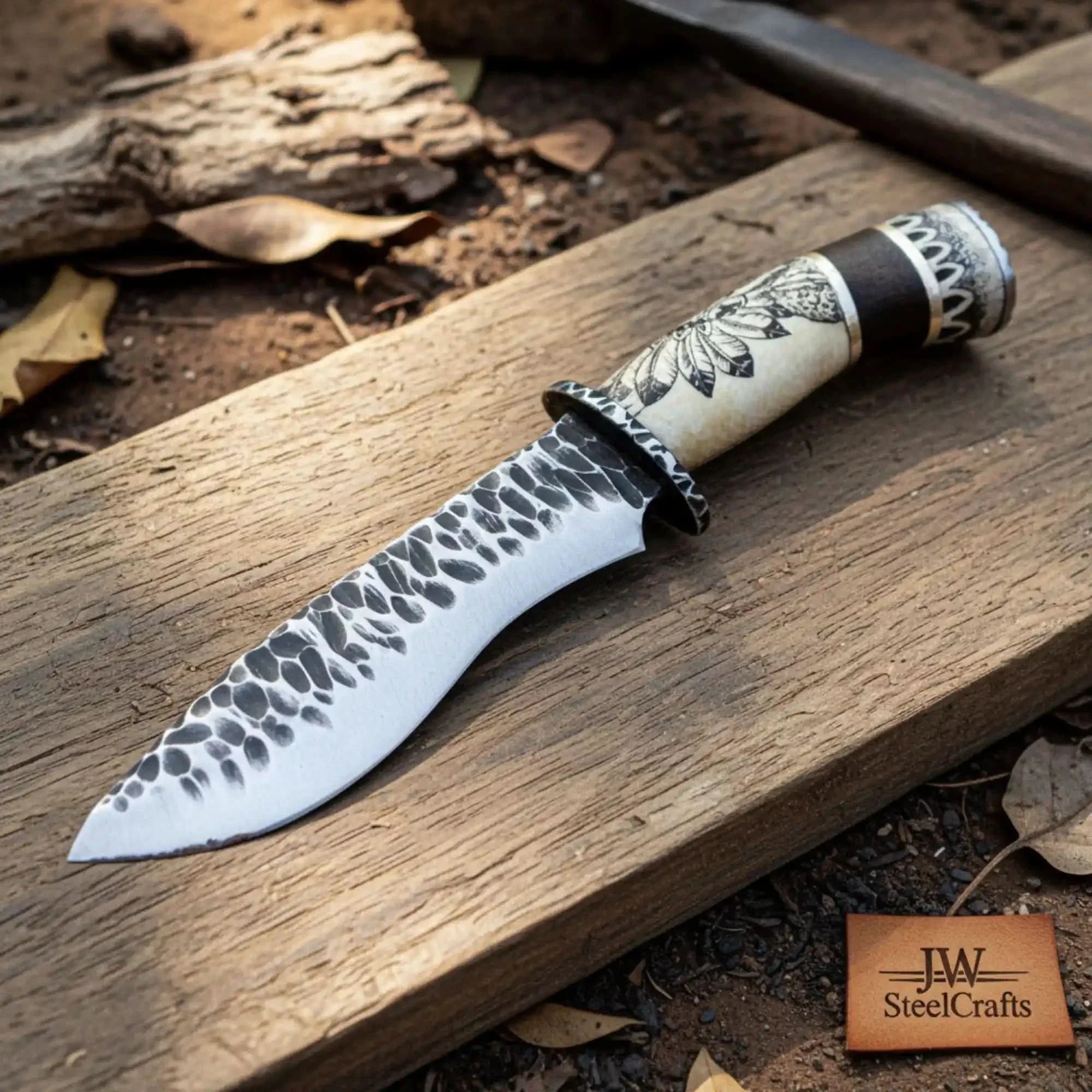 Handmade High Carbon Steel Drop Point Hunting Knife with Scrimshaw Handle by JW SteelCrafts, Damascus knife main product photo