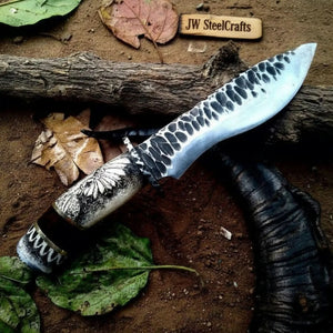 Handmade High Carbon Steel Drop Point Hunting Knife with Scrimshaw Handle by JW SteelCrafts, Damascus knife detail photo 3