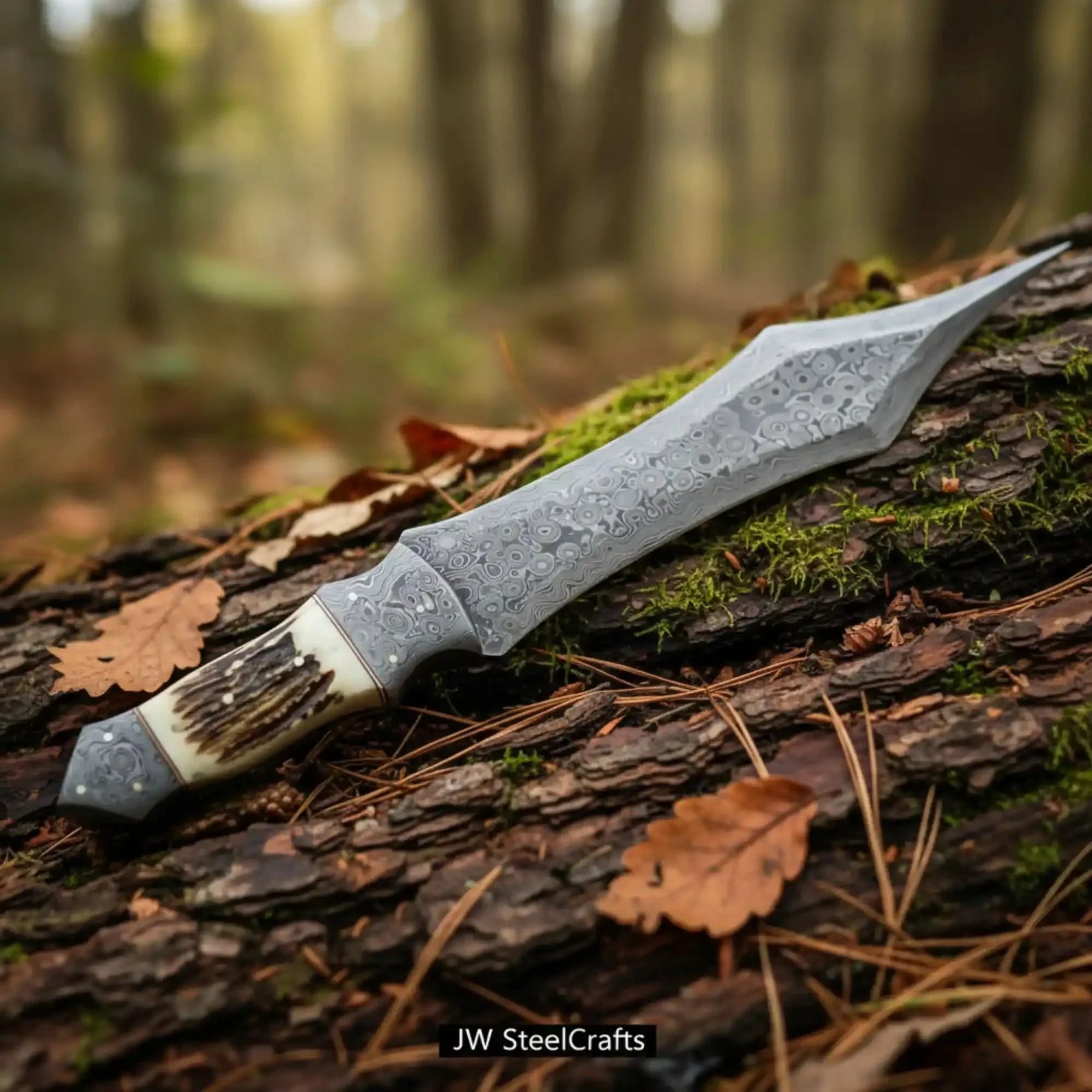 Handmade Damascus Medieval Spear Point Dagger with Stag Horn Handle by JW SteelCrafts, Southern handmade gift detail photo 2