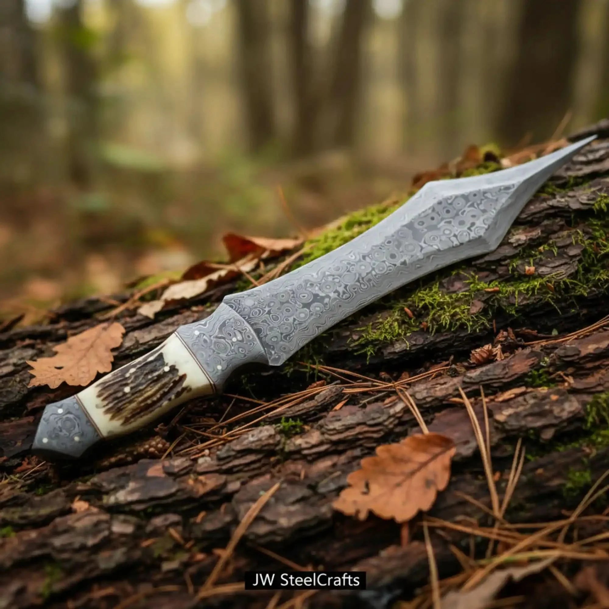 Handmade Damascus Medieval Spear Point Dagger with Stag Horn Handle by JW SteelCrafts, Southern handmade gift detail photo 2