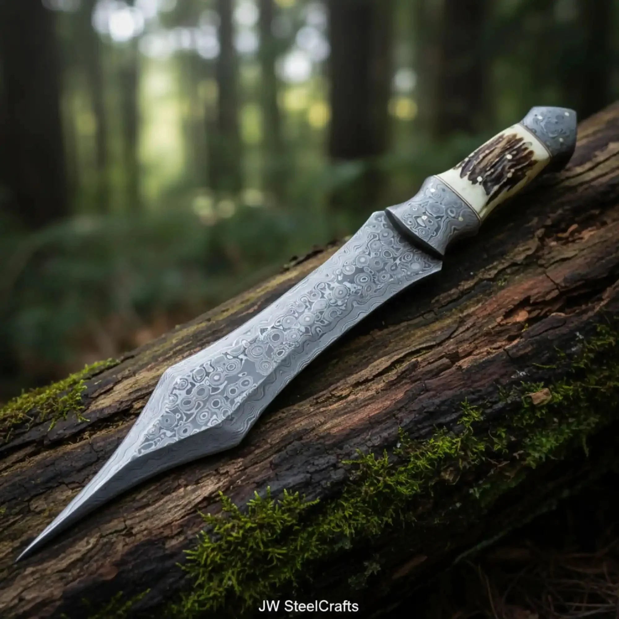 Handmade Damascus Medieval Spear Point Dagger with Stag Horn Handle by JW SteelCrafts, Southern handmade gift main product photo