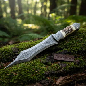 Handmade Damascus Medieval Spear Point Dagger with Stag Horn Handle by JW SteelCrafts, Southern handmade gift detail photo 4