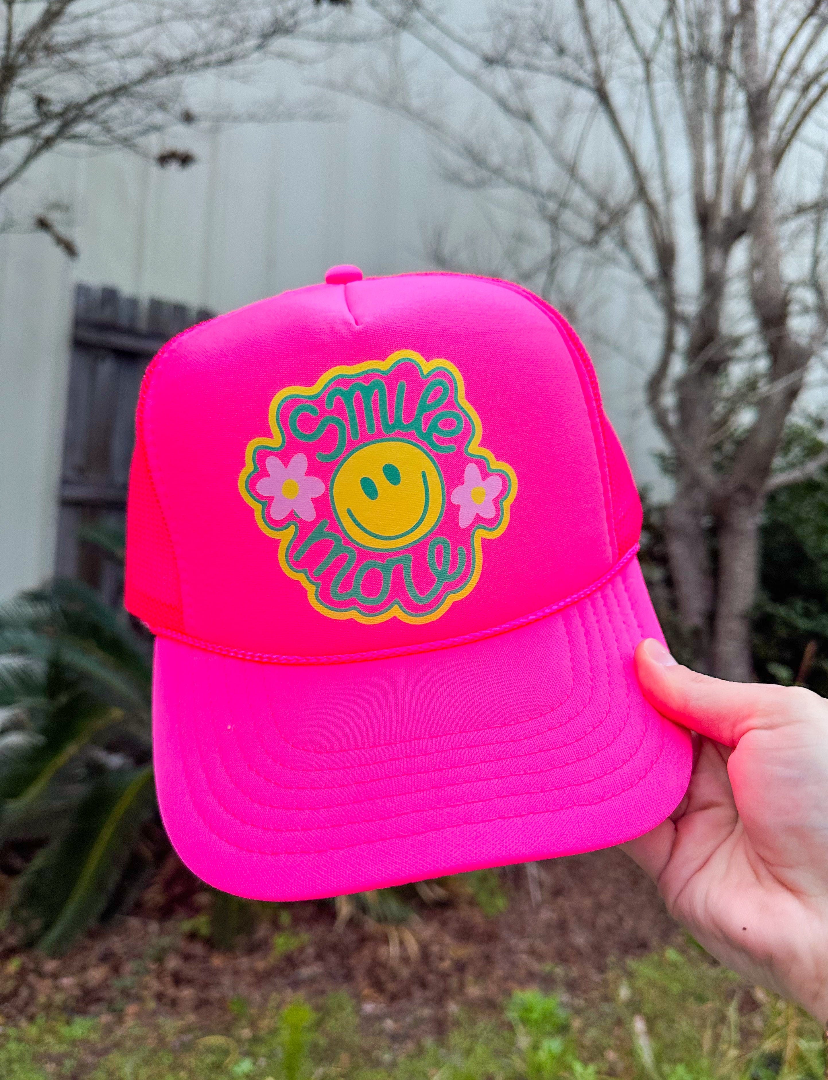 Smile More Hot Pink Trucker by Southern Bliss Company, custom hat detail photo 2