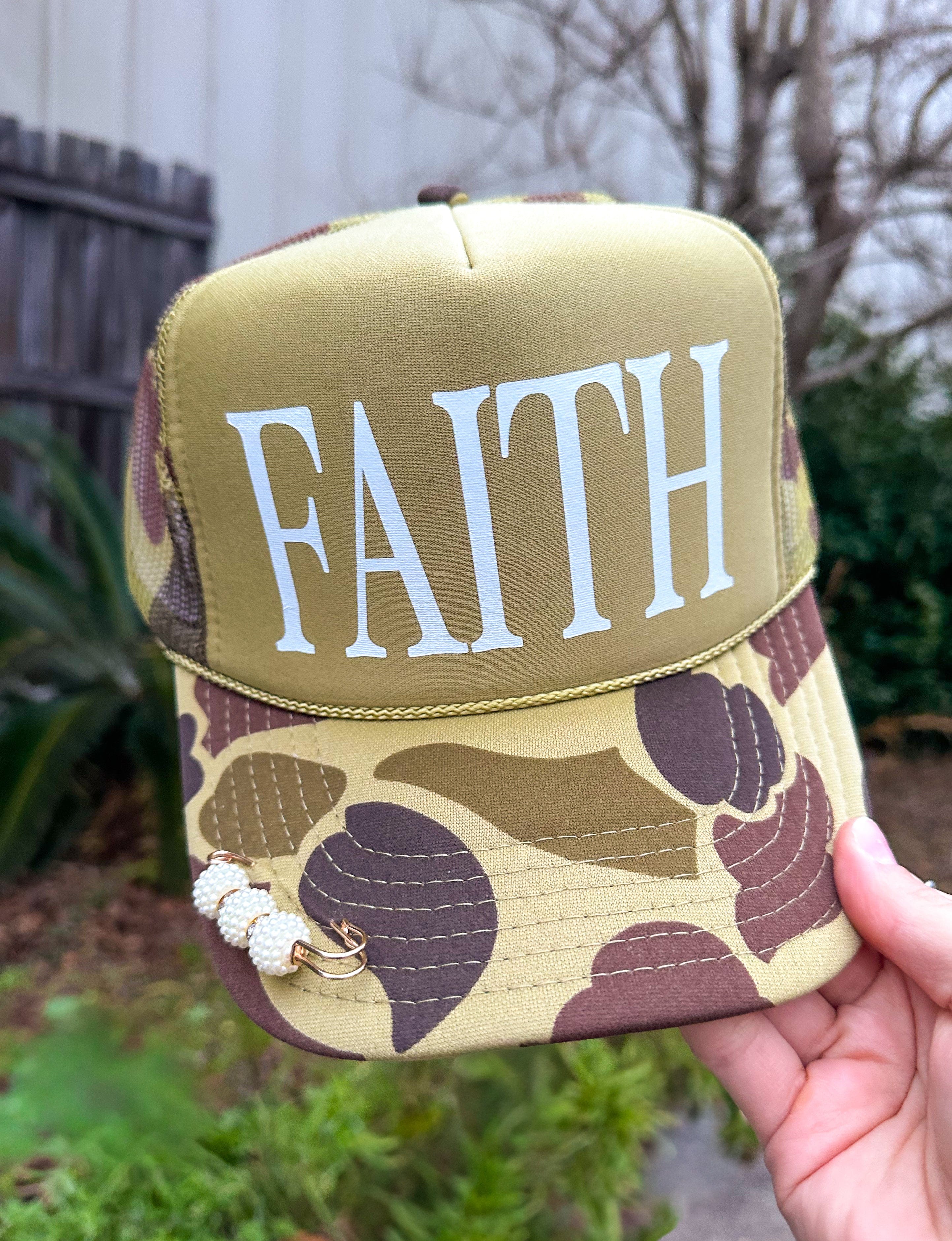 FAITH Two-Tone Camo Trucker by Southern Bliss Company, custom hat main product photo