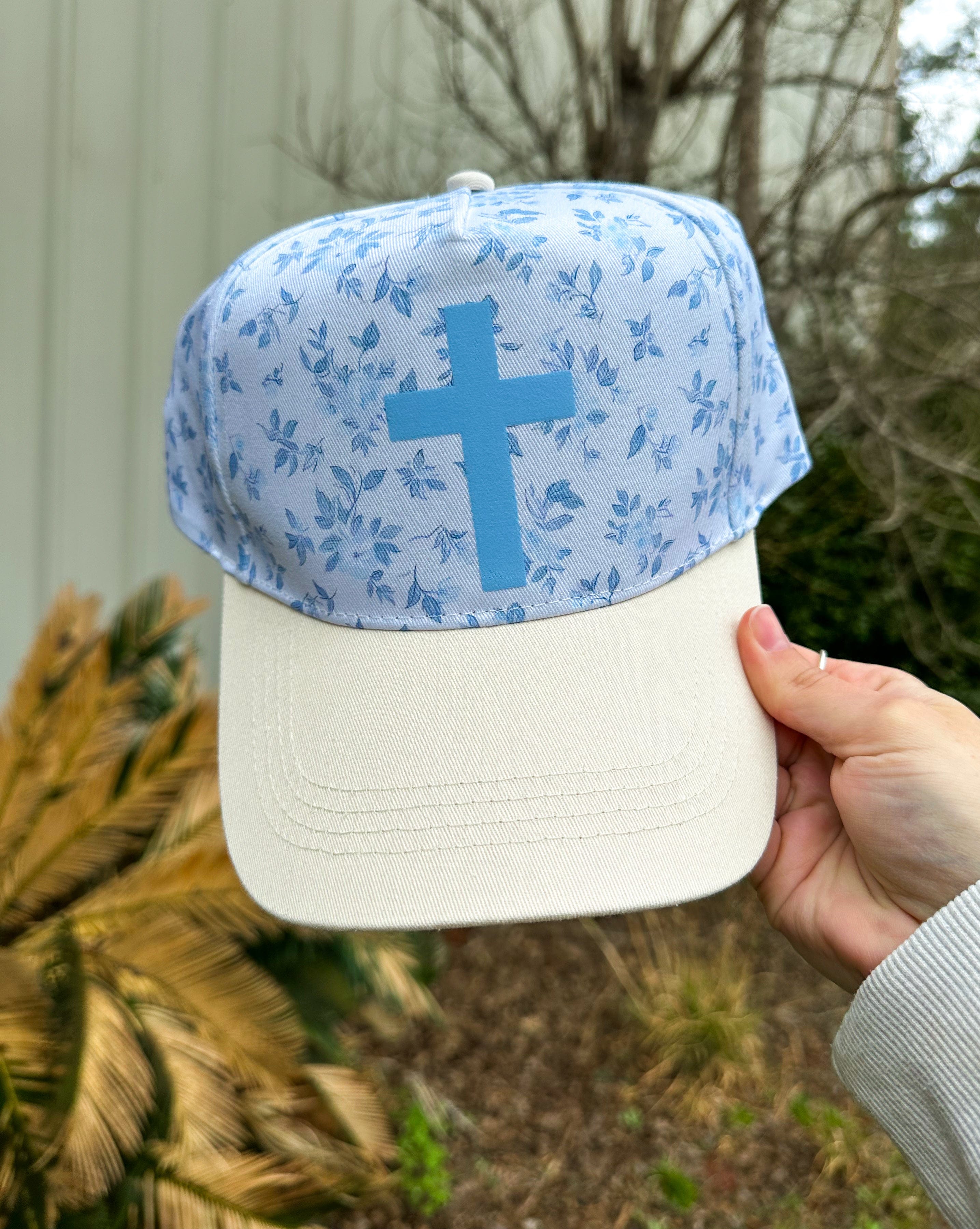 Cross Floral White/Light Blue Trucker Hat