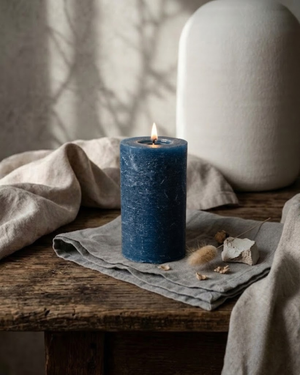 Hand-poured unscented navy pillar candles in multiple heights