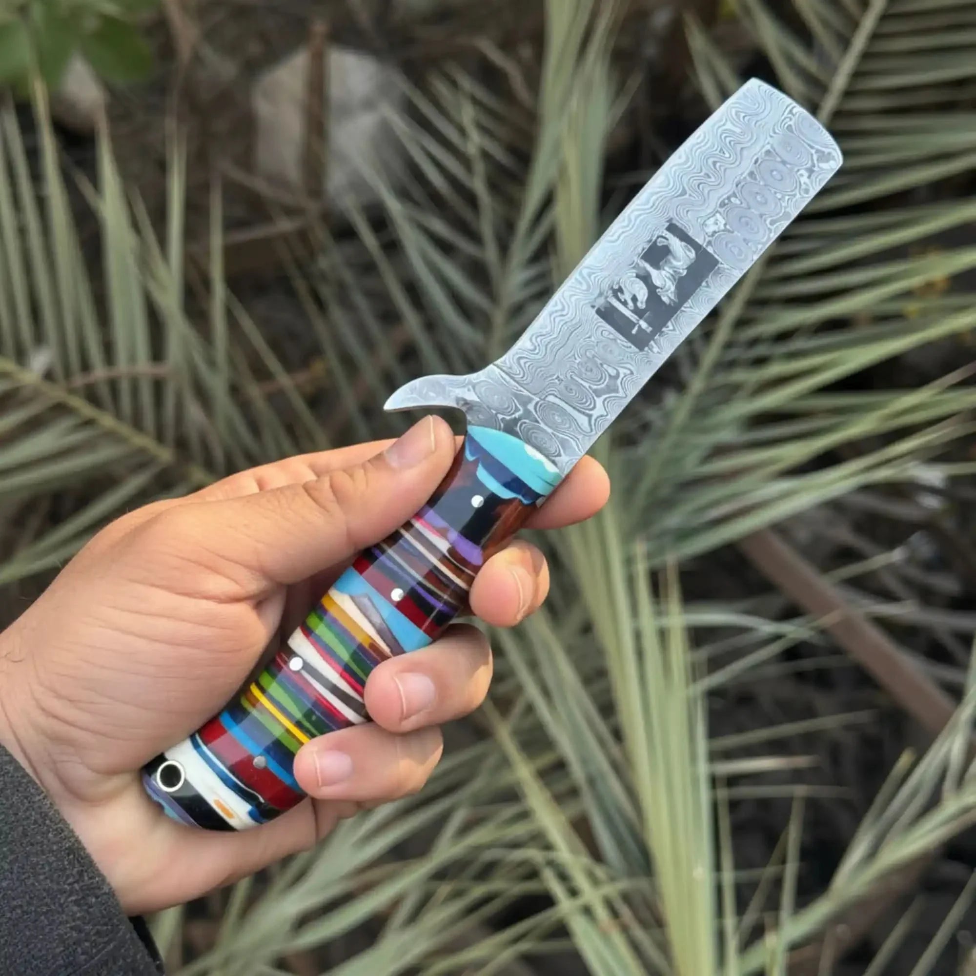 Damascus Bull Cutter Knife — Multi-Color Rainbow Resin Handle, Christian Cross Blade Engraving, Steel Bolster & Lanyard Hole by JW SteelCrafts, Damascus knife detail photo 2