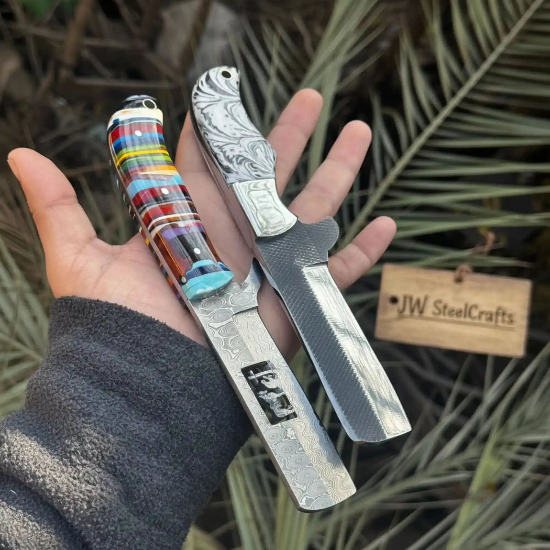 2-Piece Fixed Blade Knives — Rasp Steel Cleaver Rainbow Resin Handle by JW SteelCrafts, Damascus knife detail photo 3