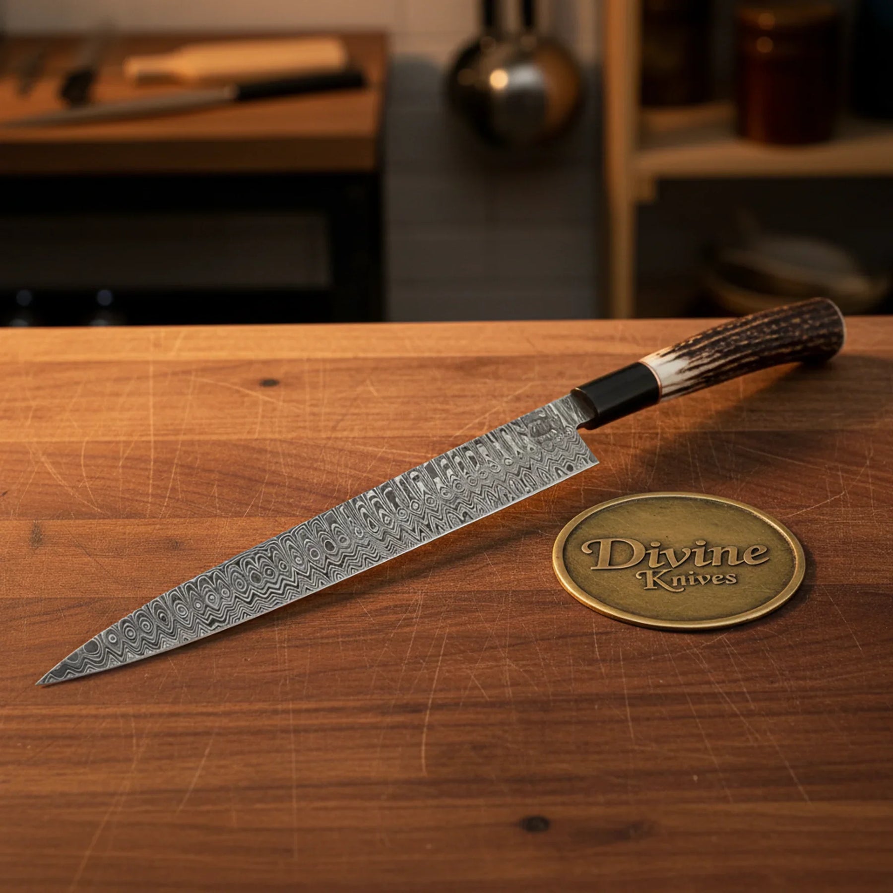 Damascus Chef Knife with Resin Handle – Handcrafted Green & Cream Kitchen Knife