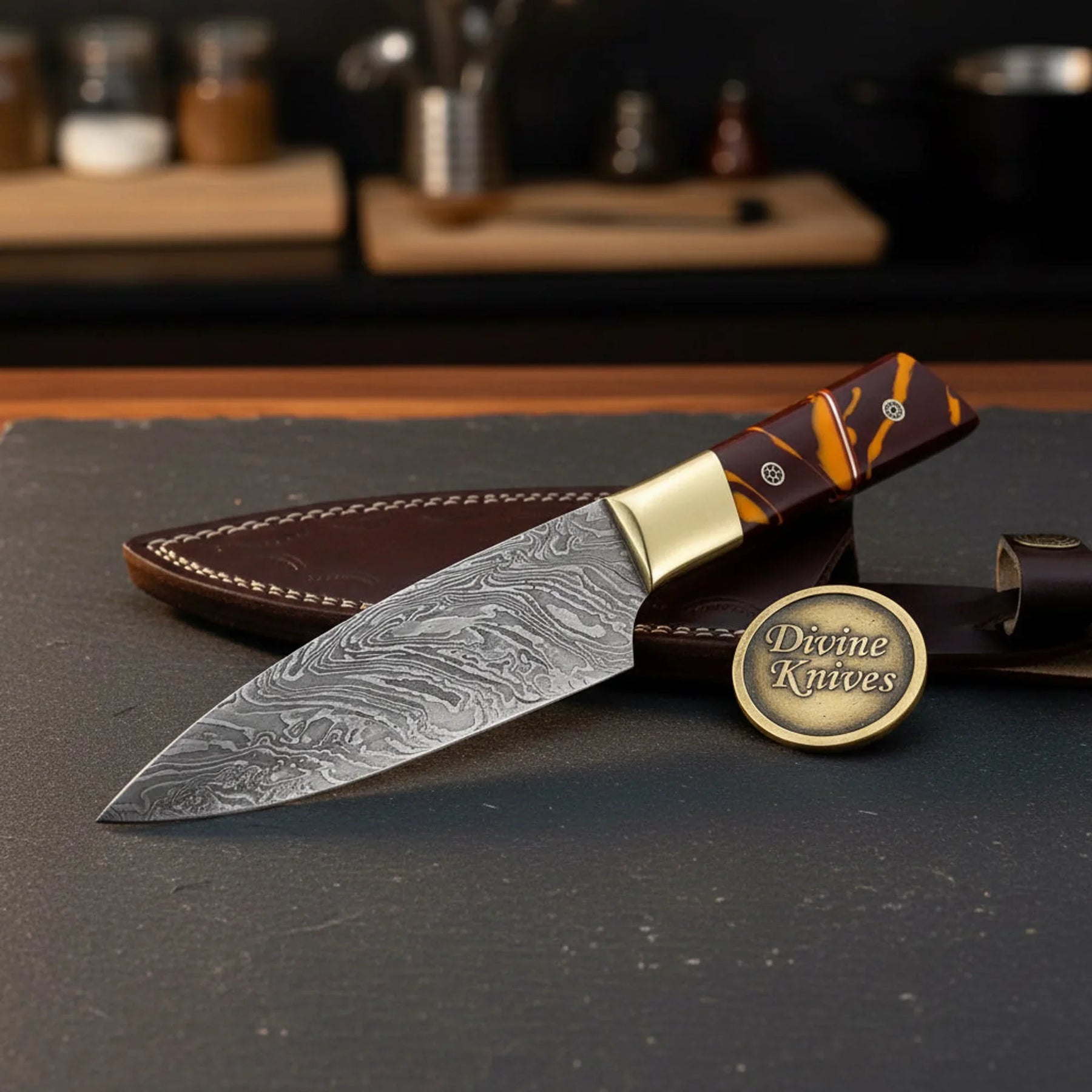 Damascus Slicing Knife with Stag Handle – Handcrafted Carving Knife for Meat & Roasts