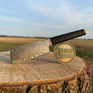 Compact Damascus Mini Cleaver with Cord-Wrapped Handle