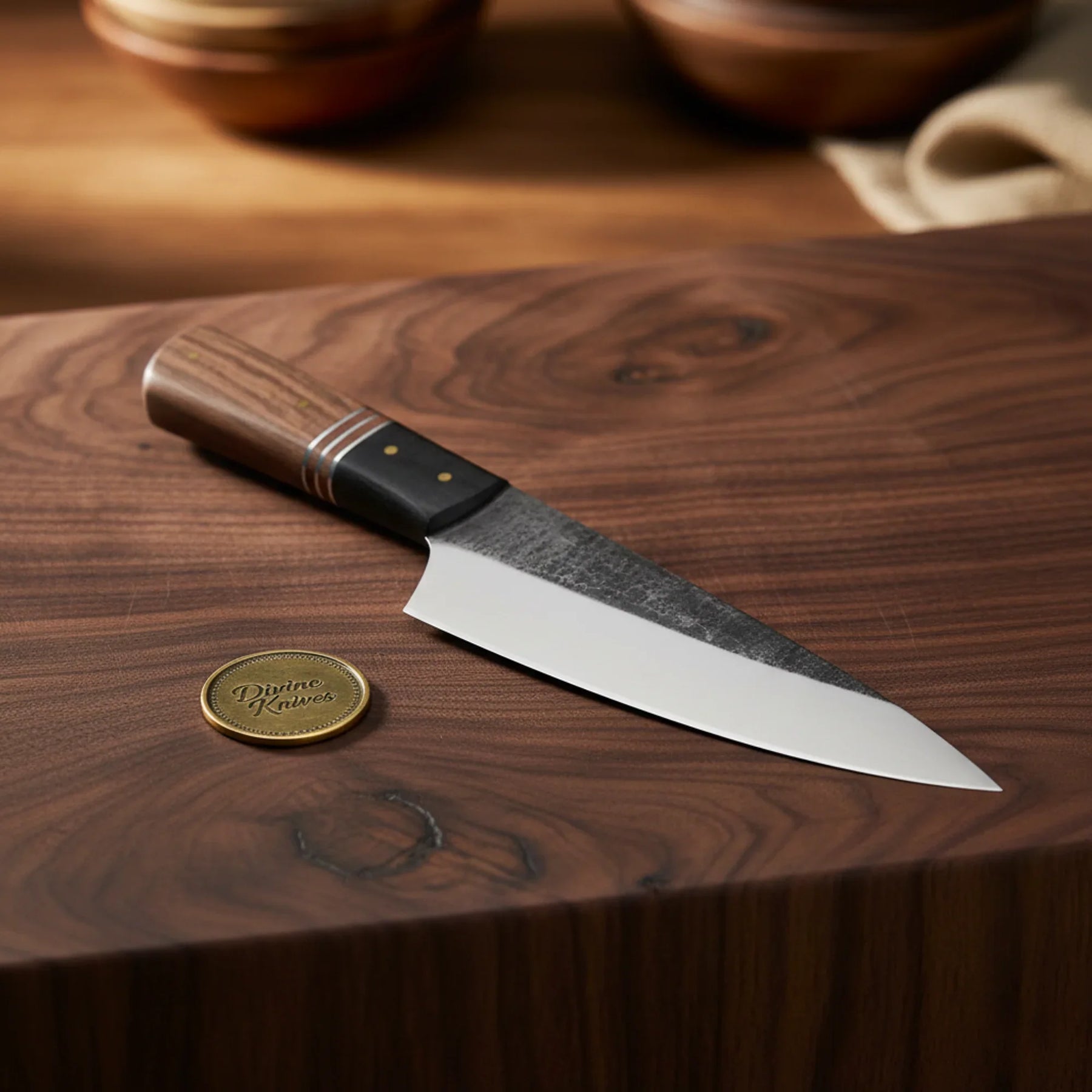 Damascus Chef Knife with Black Handle & Leather Sheath – Handcrafted Kitchen Knife with Gift Box