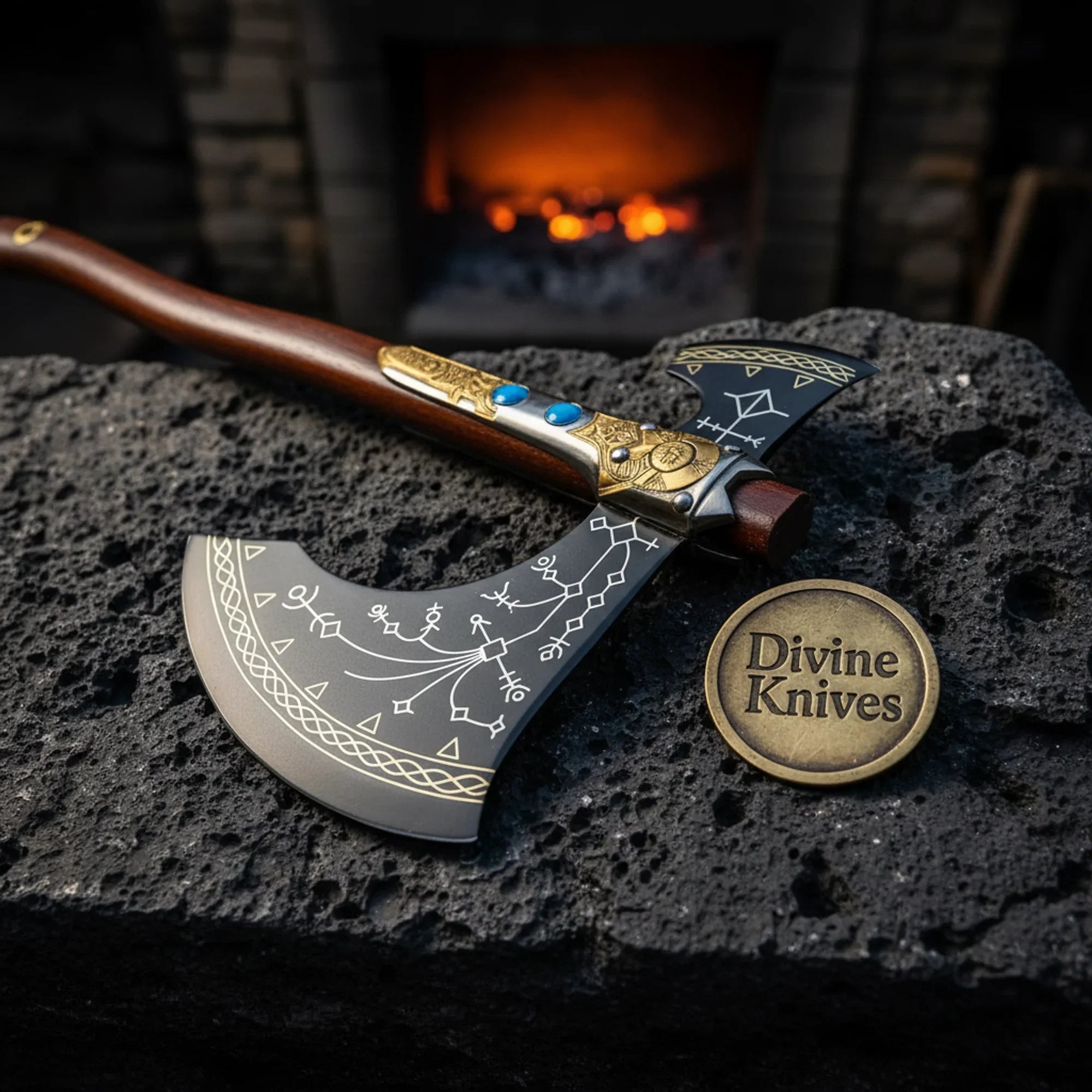 Ornate Viking Axe with Gold-Etched Runes & Turquoise Stone Accents