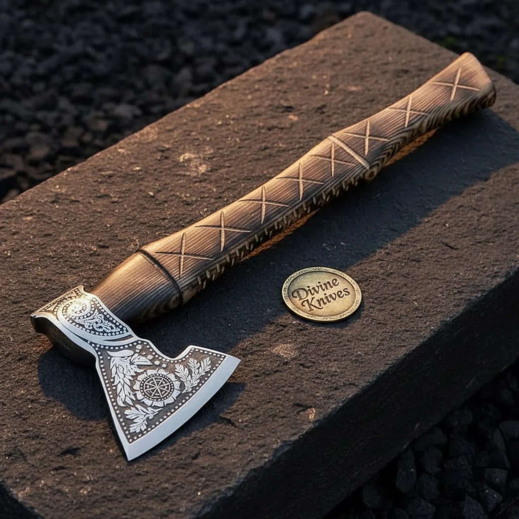 Viking Axe with Floral-Etched Head & Hand-Carved Ash Handle