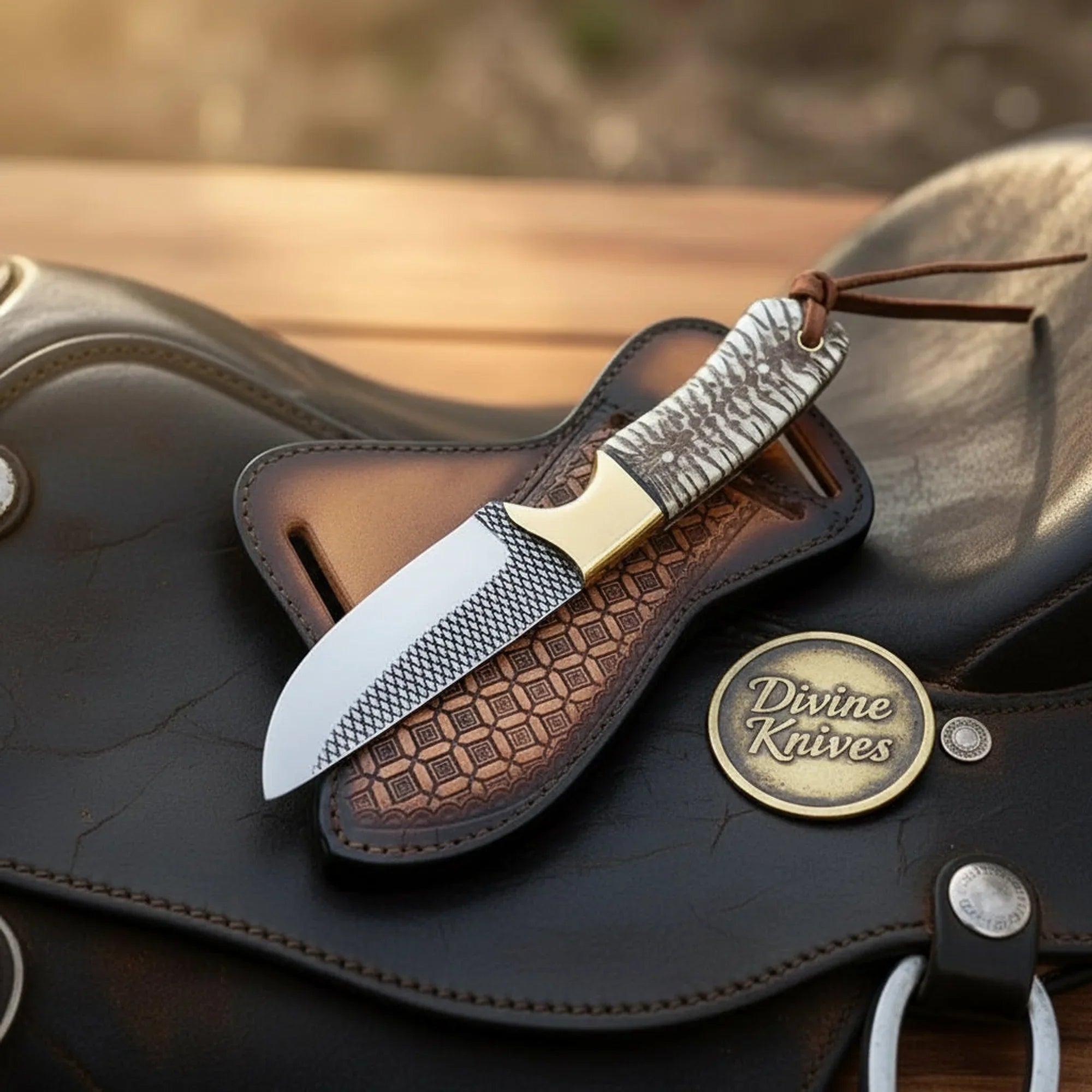 Rasp Steel Cowboy Knife with Pine Cone Resin Handle & Brass Bolster