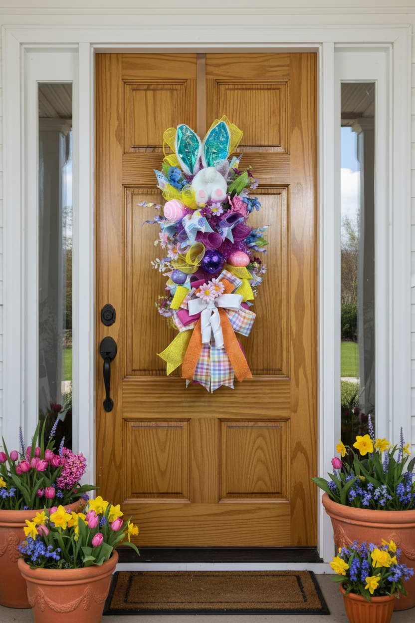 Bunny Easter Door Swag | Handmade Easter Bunny Swag | Colorful Spring Door Decor | Easter Front Door Decoration | Whimsical Bunny Swag