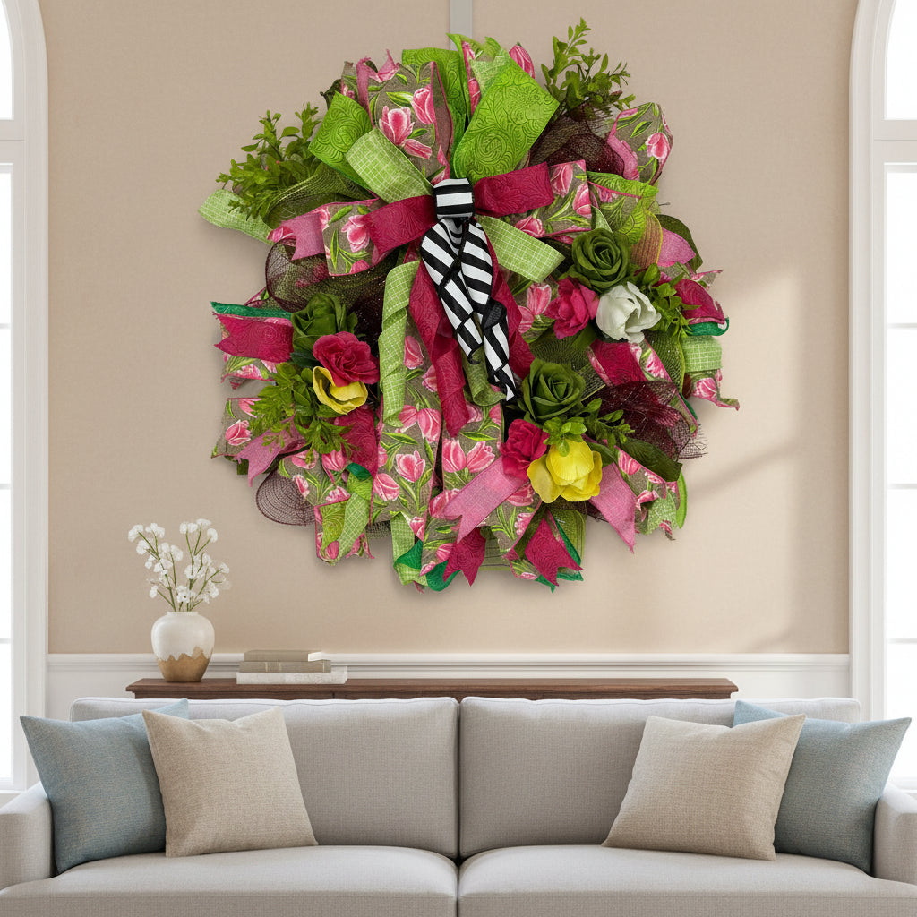 Pink Tulip Spring Wreath | Handmade Floral Front Door Wreath | Farmhouse Garden Door Hanger | Everyday Spring Home Decor