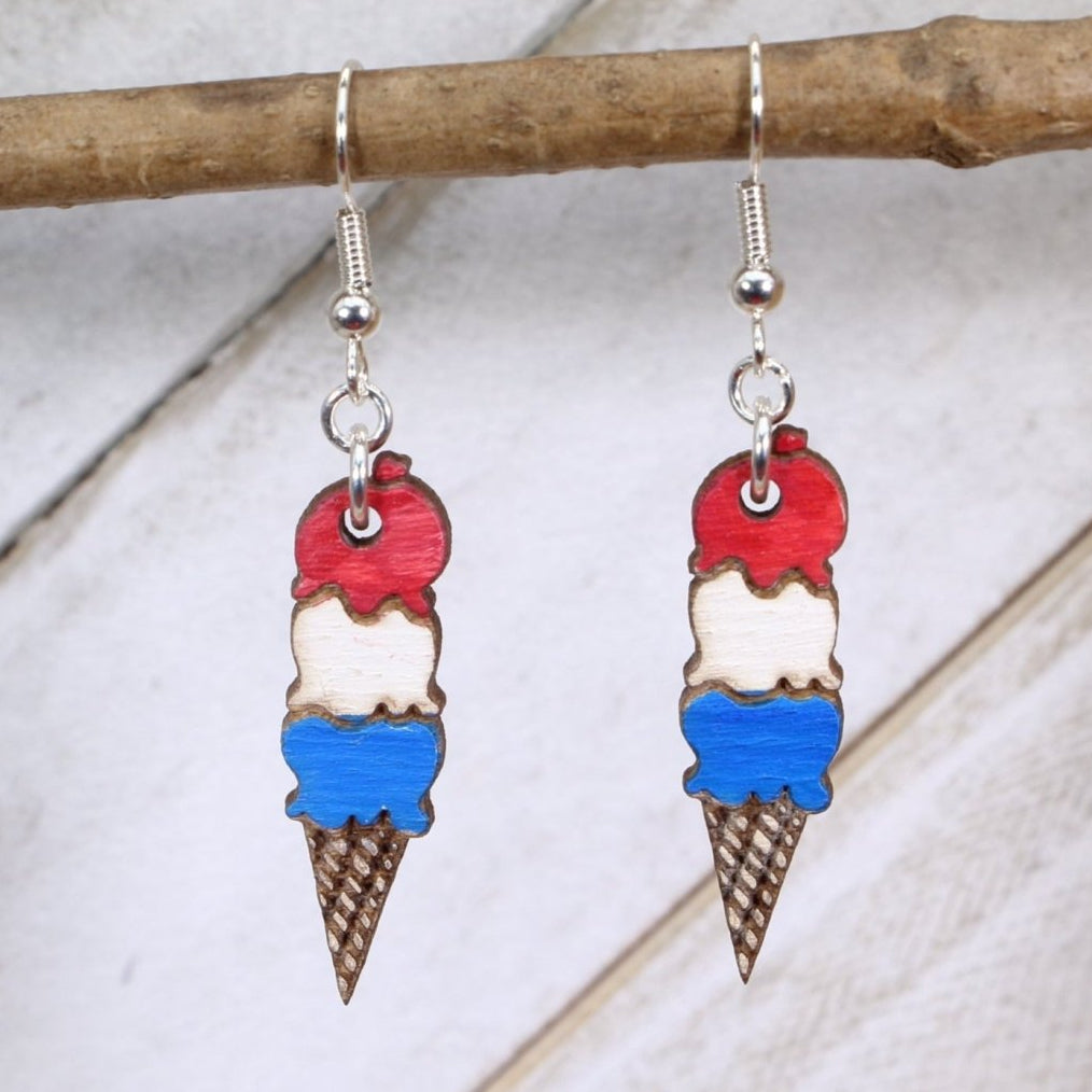Ice Cream Cone Wooden Dangle Earrings | Sweet Treat Jewelry by Cate's Concepts, LLC, handmade jewelry main product photo