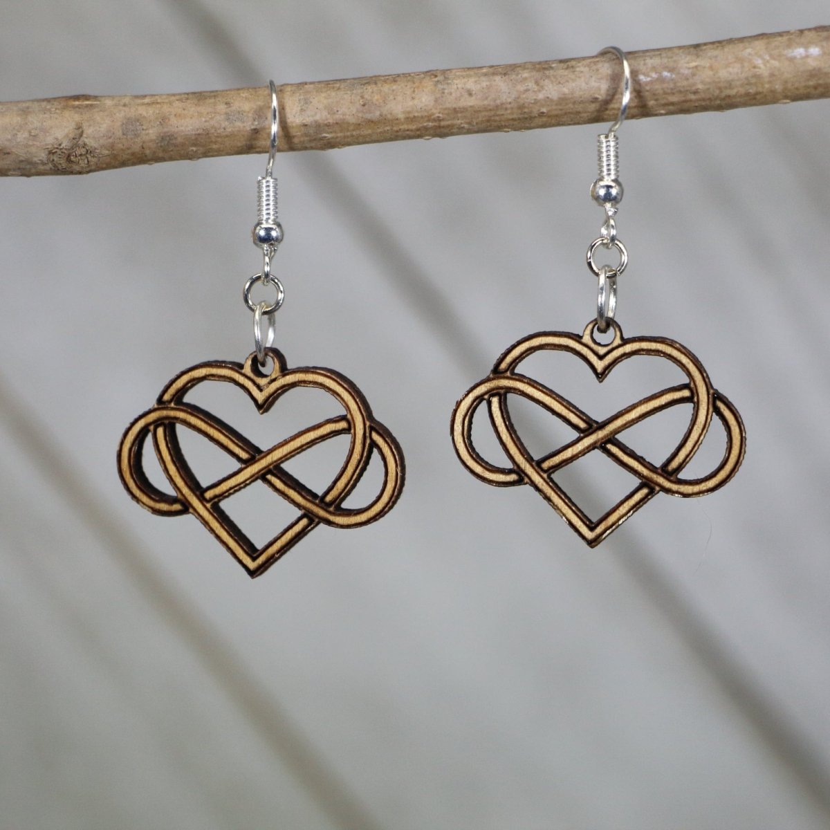 Infinity Heart Wooden Dangle Earrings | Polyamory Love Symbol Jewelry