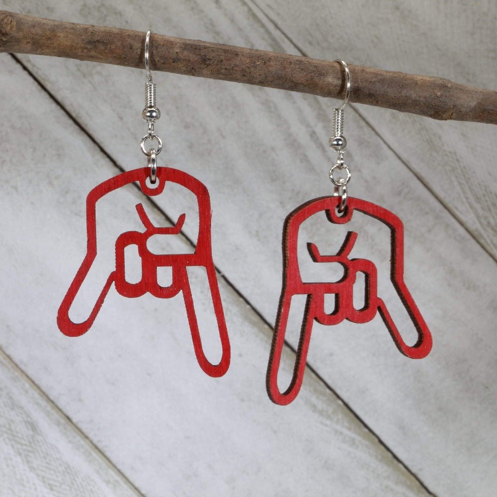 Inverted Hand Sign Wooden Dangle Earrings | Rock Gesture Jewelry