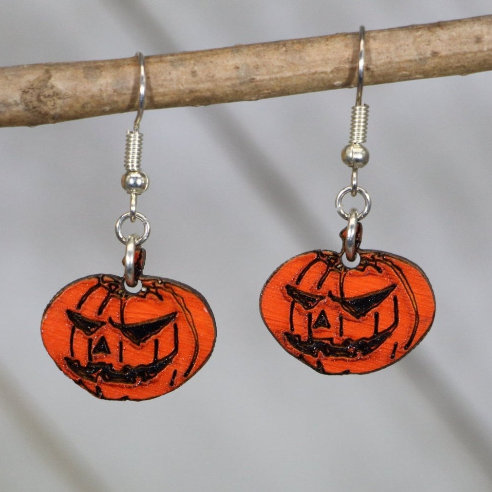 Jack-O-Lantern Wooden Dangle Earrings | Halloween Spooky Jewelry by Cate's Concepts, LLC, handmade jewelry main product photo