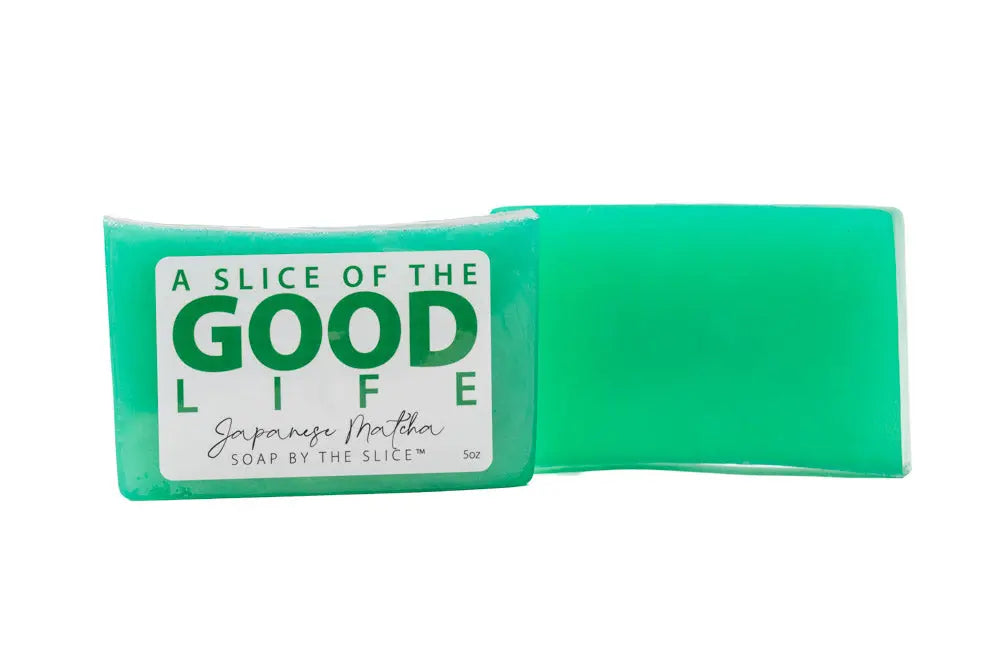Green Japanese Matcha soap slice with "A Slice of the Good Life" label, 5 oz
