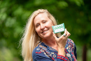 Woman holding "A Slice of the Good Life" Japanese Matcha soap by Essential Journeys.