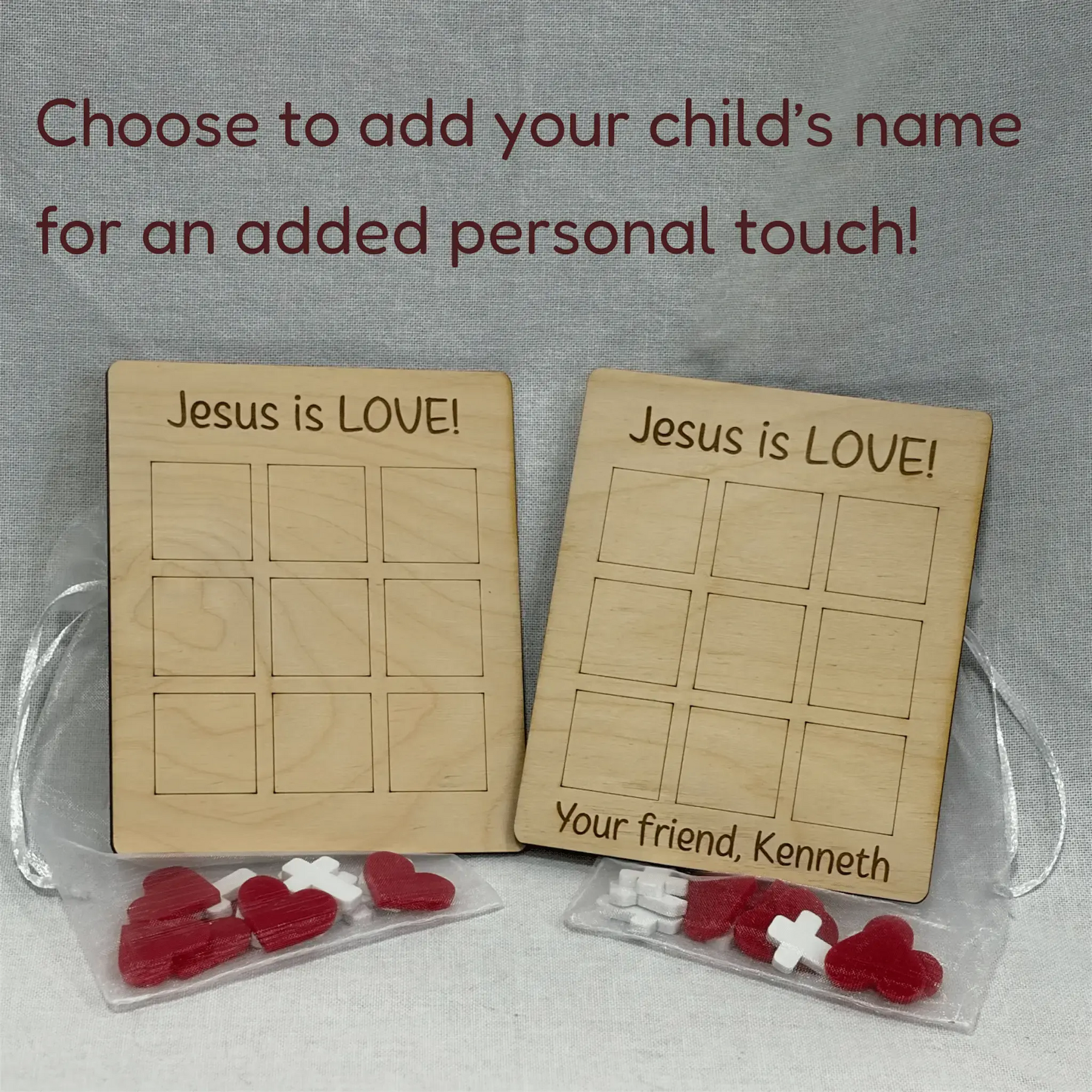 Personalized Jesus is LOVE! Tic Tac Toe Game for Kids, Wooden Valentine's Day Gift with Hearts & Crosses
