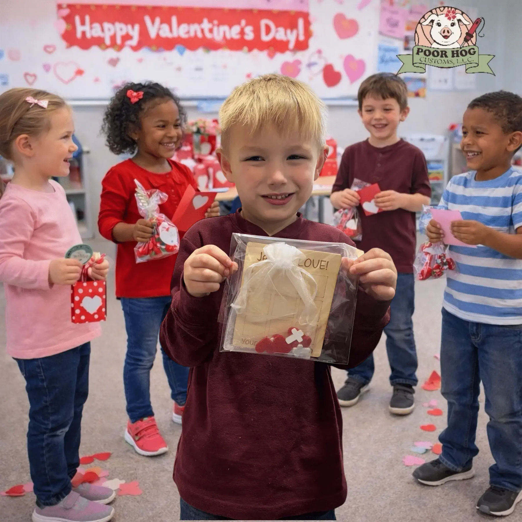Valentine's Day fun! Happy children showing faith-based gifts in classroom. Hearts and smiles!