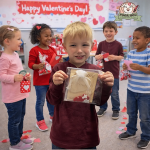 Valentine's Day fun! Happy children showing faith-based gifts in classroom. Hearts and smiles!