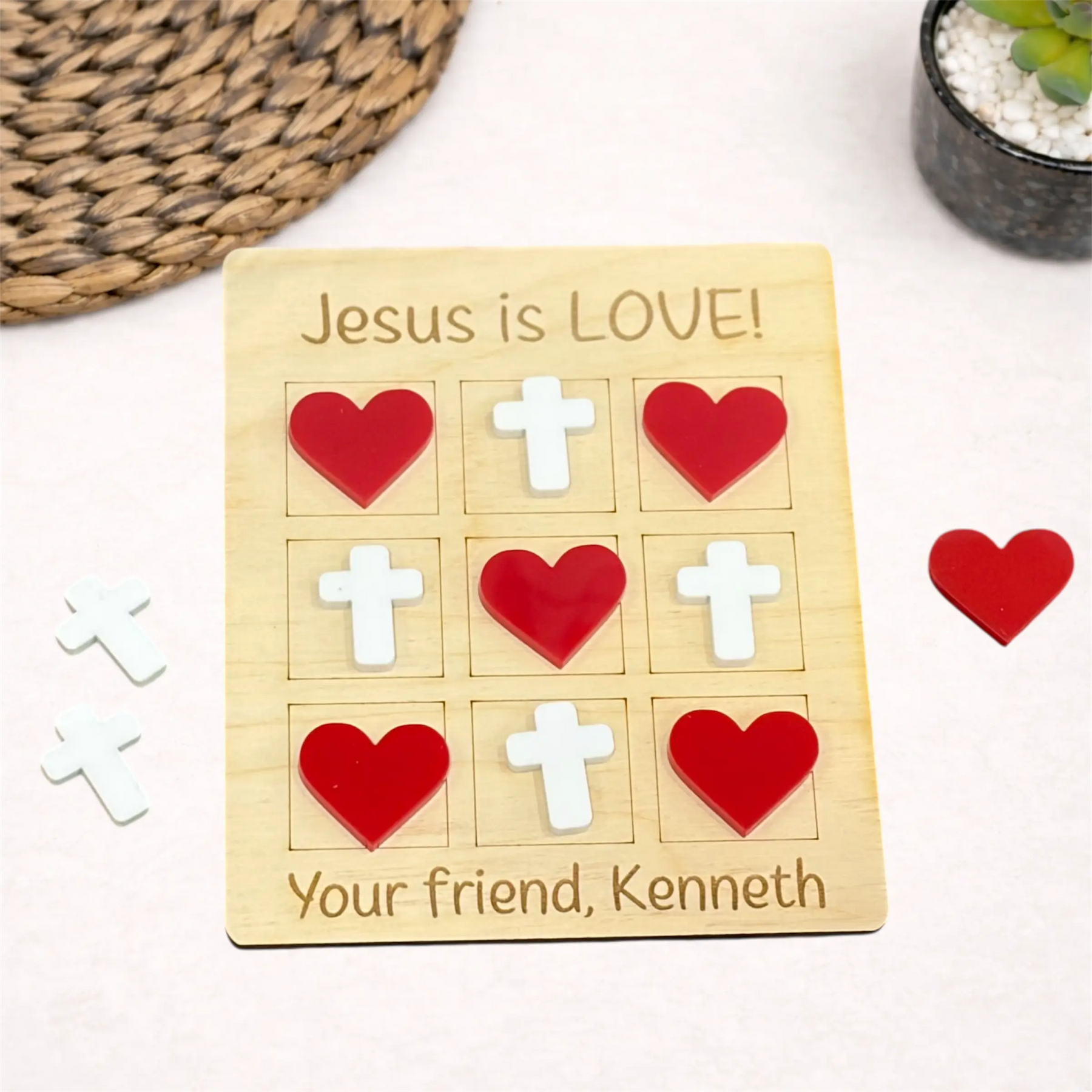 Jesus Is Love Cross and Hearts Tic Tac Toe Game, Faith Valentine Gift for Kids Poor Hog Customs