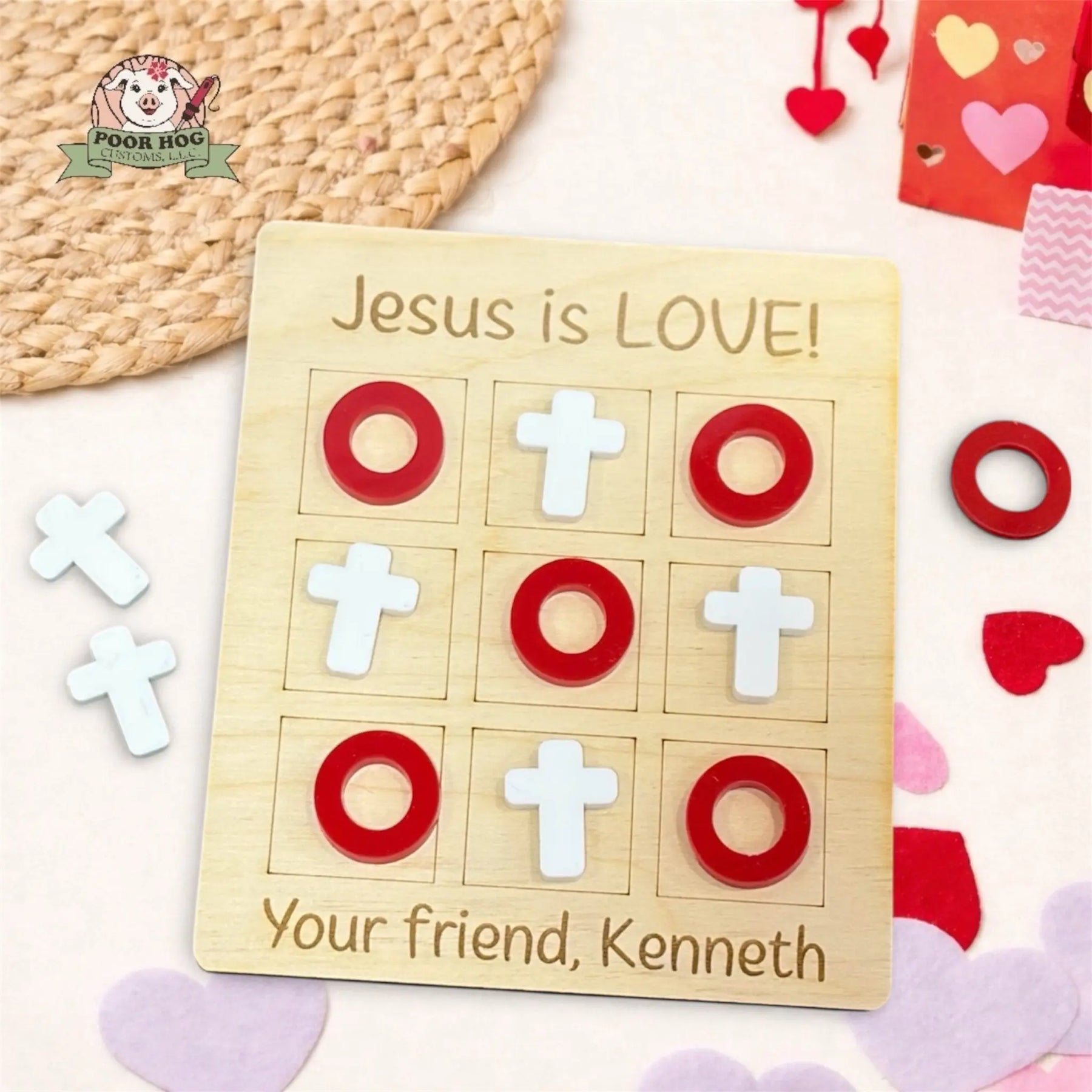 Jesus Is Love Cross and O’s Tic Tac Toe Game, Faith Valentine Gift for Kids Poor Hog Customs