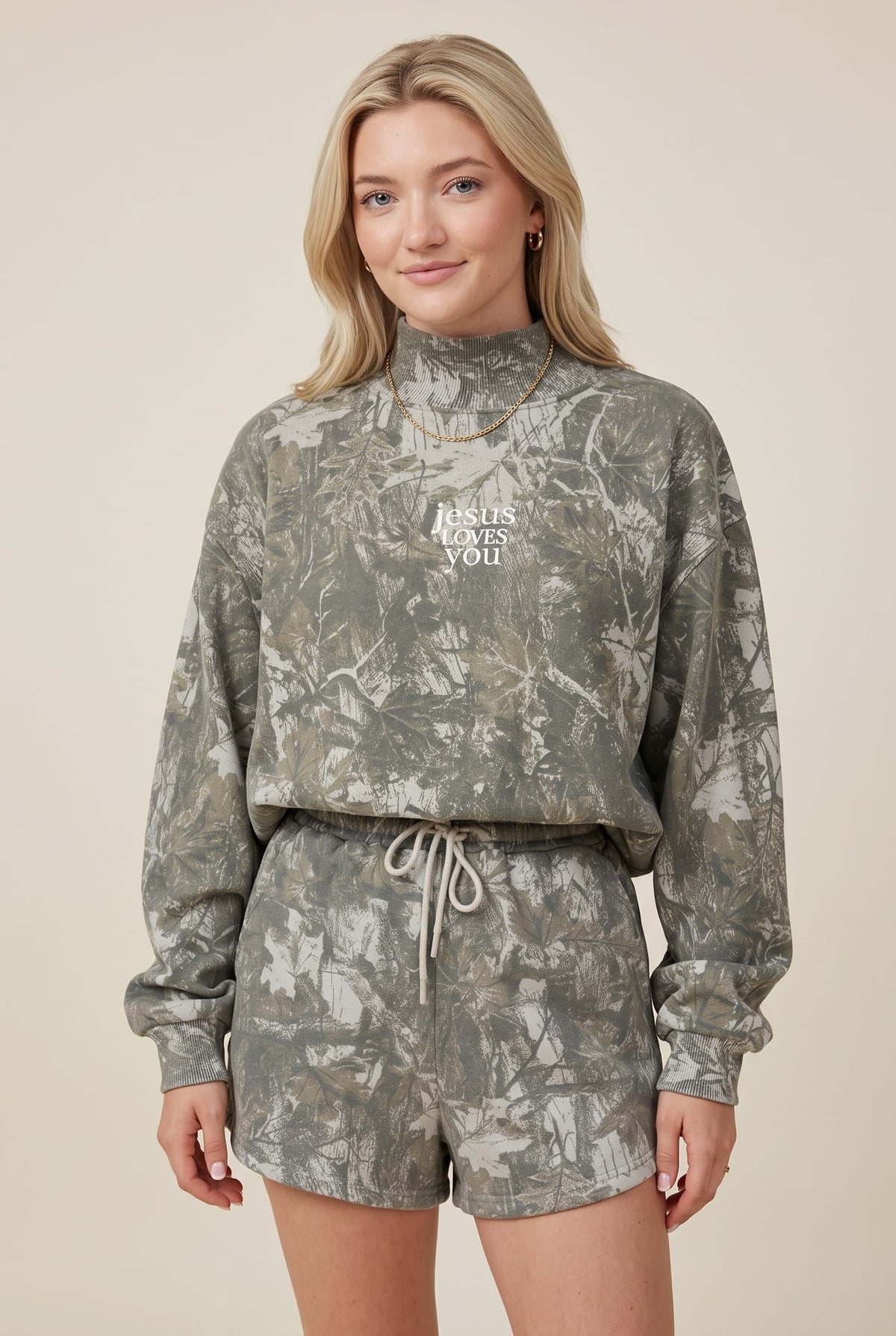 PREORDER ITEM (Estimated ship date 11/10) JESUS LOVES MINI Vintage Camo Mock Neck Sweatshirt by Southern Bliss Company – view 2