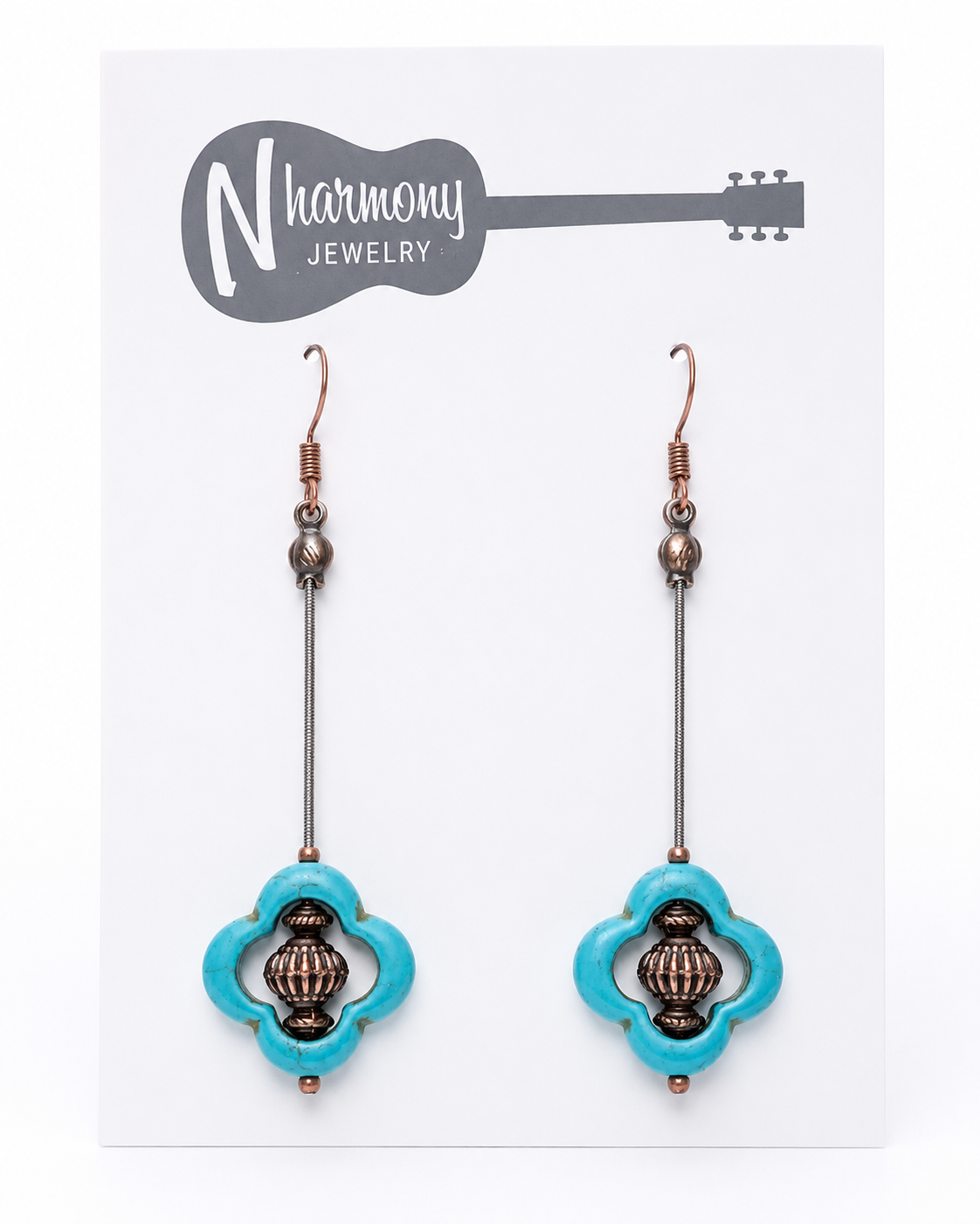 Turquoise and Brass Guitar String Earrings by N Harmony Jewelry, handmade jewelry main product photo