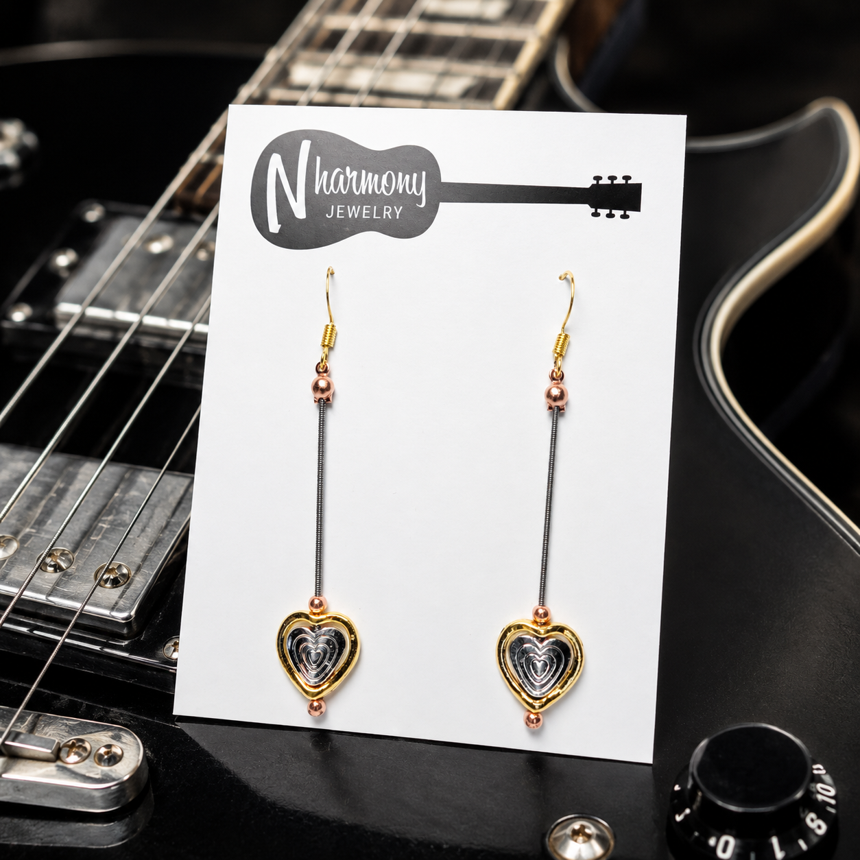 Tri Colored Guitar String Heart Earrings by N Harmony Jewelry, handmade jewelry main product photo
