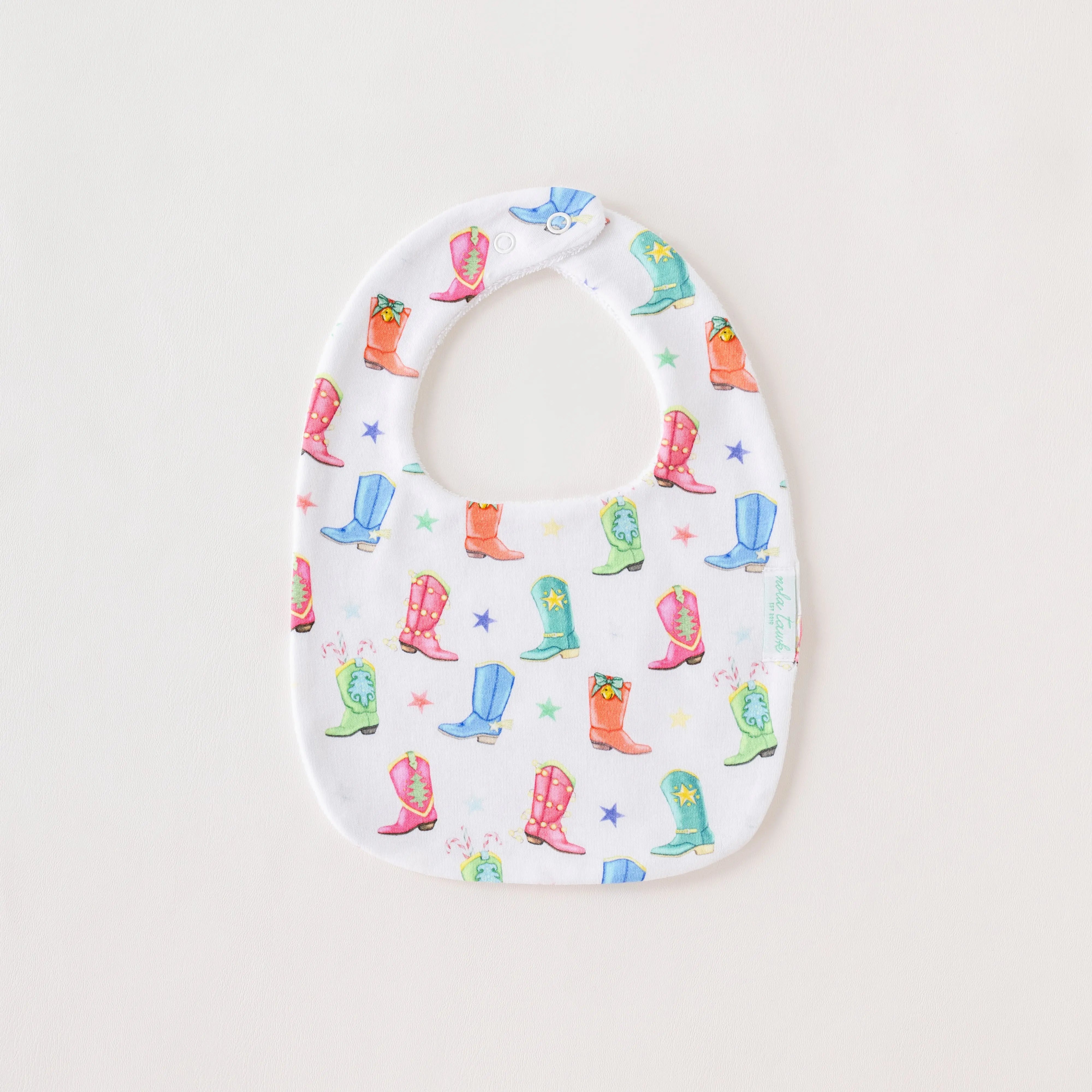 Jingle Boots Organic Cotton Bib by Nola Tawk, children's boutique clothing main product photo