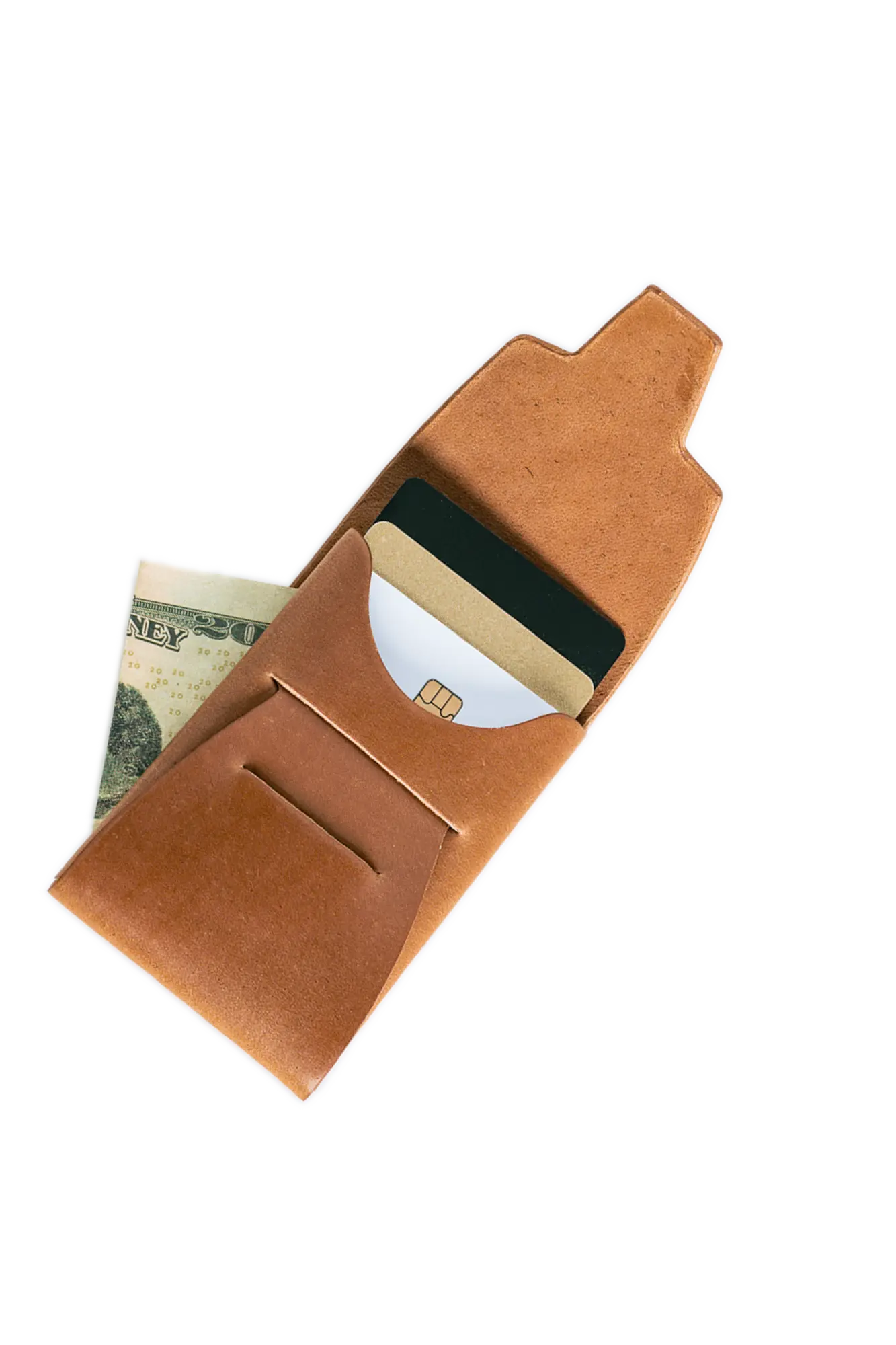 Brown leather card wallet with credit cards and twenty dollar bill against black background