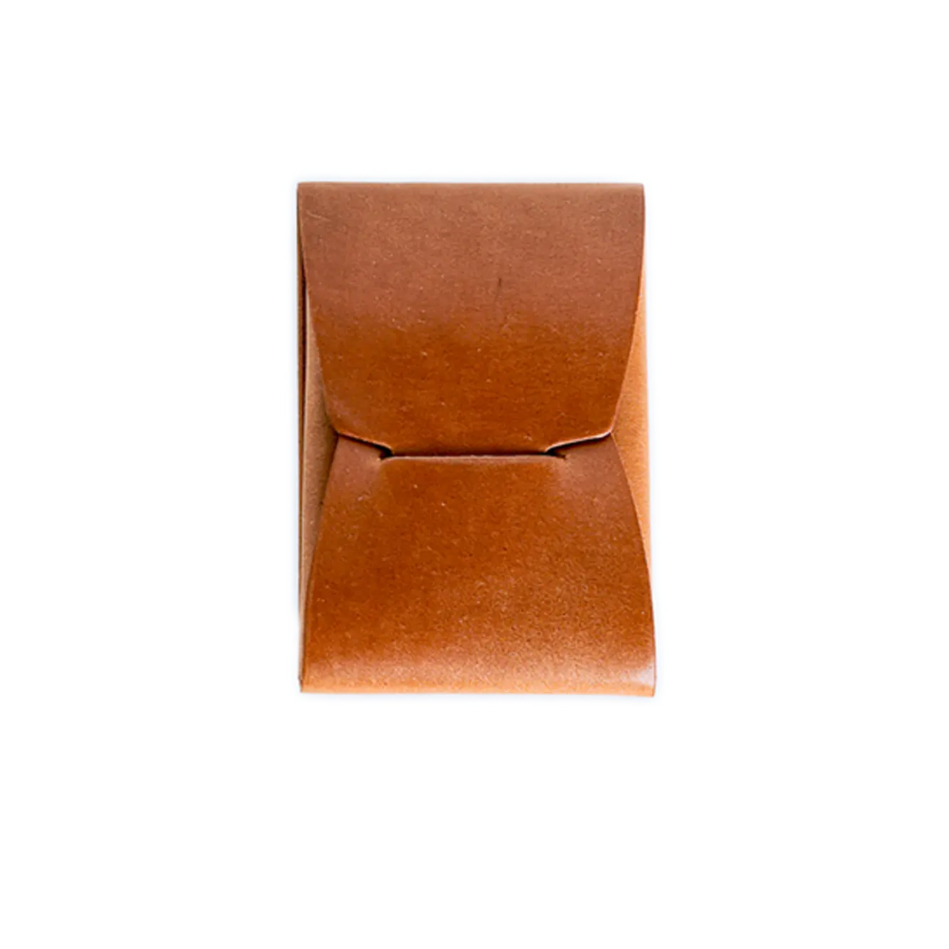 Brown leather card wallet, bi-fold design. Small, minimalist style.