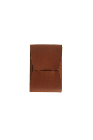 Brown leather wallet, minimalist stitchless design for cards and cash, folded style.
