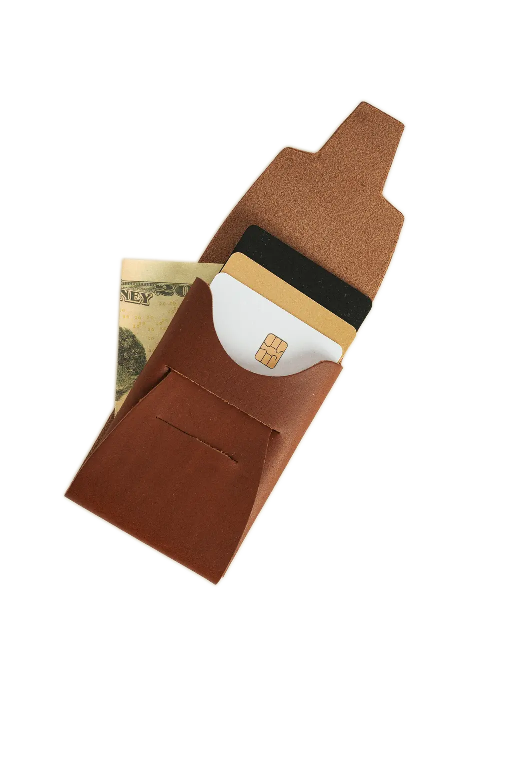 Brown leather wallet with cards and cash, showcasing a minimalist design card holder, and a cash pocket.