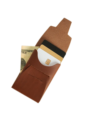 Brown leather wallet with cards and cash, showcasing a minimalist design card holder, and a cash pocket.