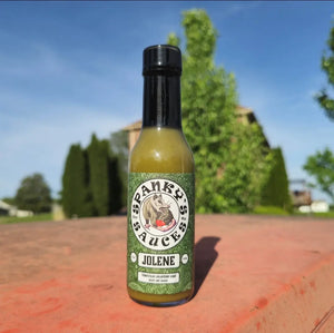 Spanky's Sauces Jolene hot sauce bottle with tomatillo-jalapeno-lime labeling.