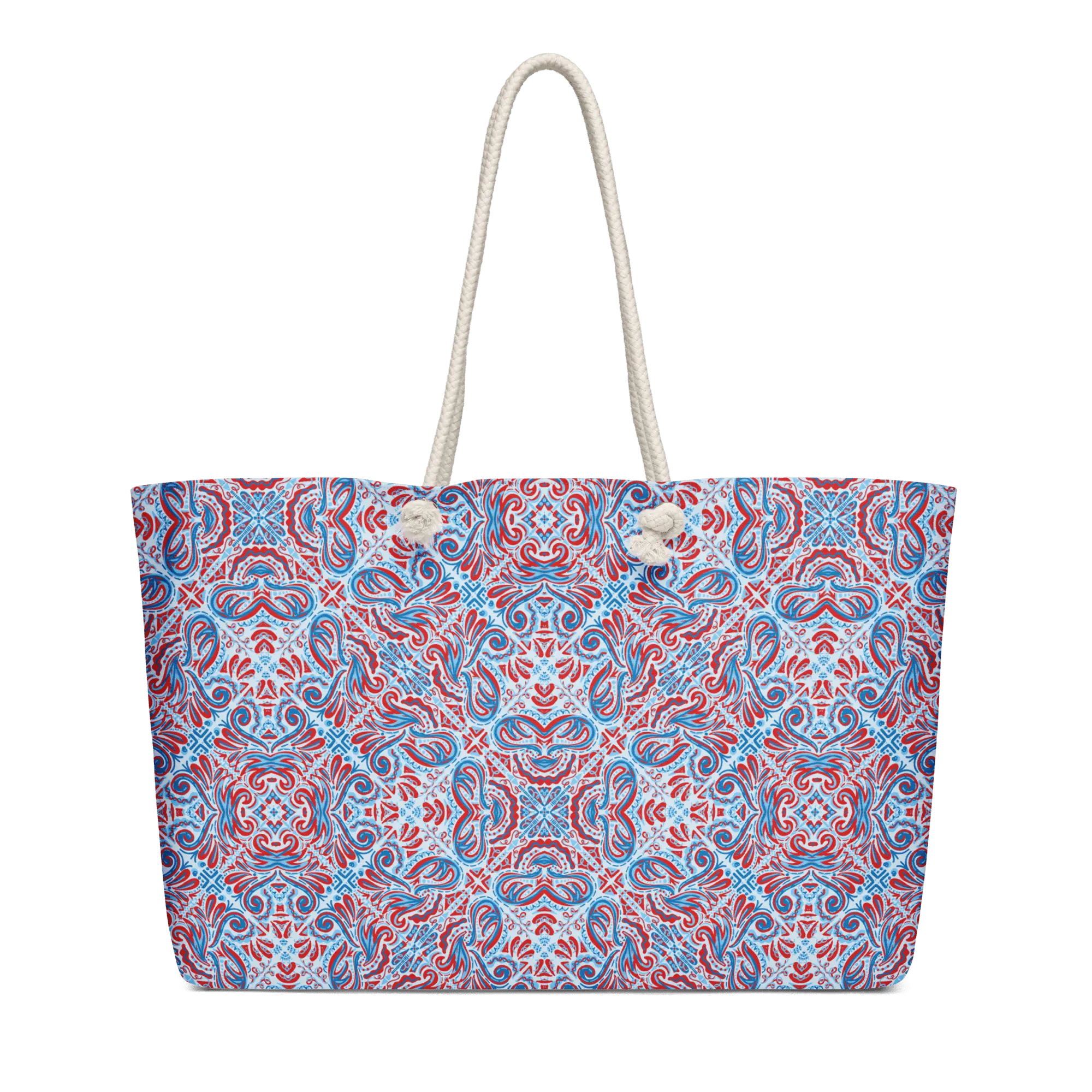 Jubilee Red & Blue Weekender Bag by Leslie Gonce: Oversized Tote with Rope Handles - Mississippi Artist Design